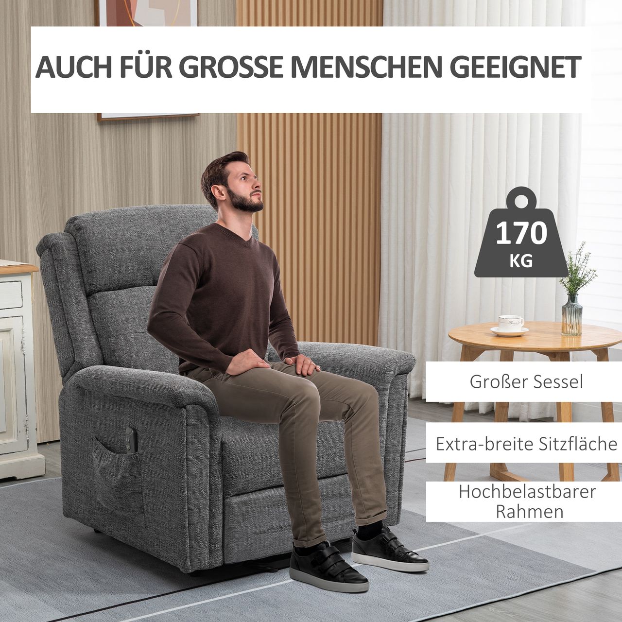 HOMCOM Elektrischer Aufstehsessel mit 2 Motoren Fernsehsessel Relaxsessel mit Liegefunktion Sessel mit Aufstehhilfe Seniorensessel mit Fernsteuerung mit Leinen-Optik Grau 89 x 96 x 108 cm