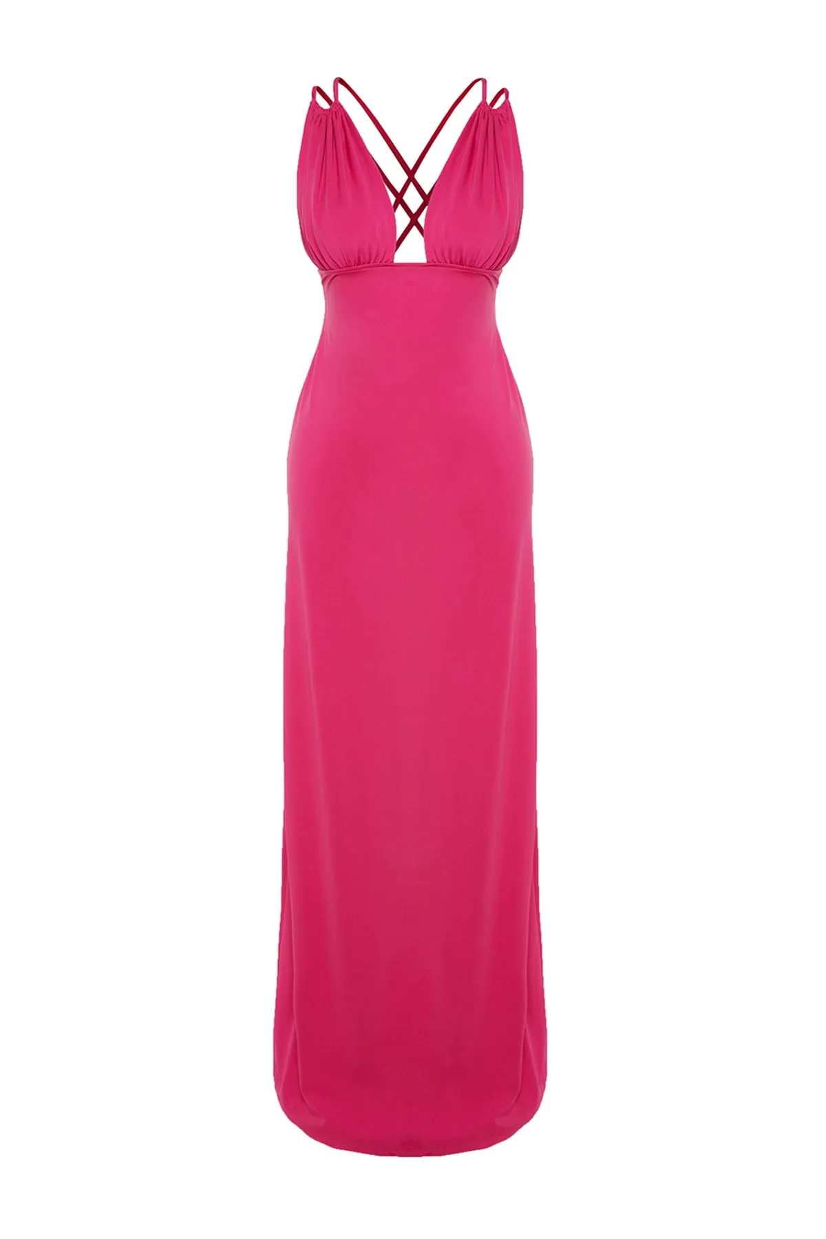 Trendyol Collection  Fuchsiafarbenes, gefüttertes, langes Abendkleid aus Strick TPRSS23AE00011