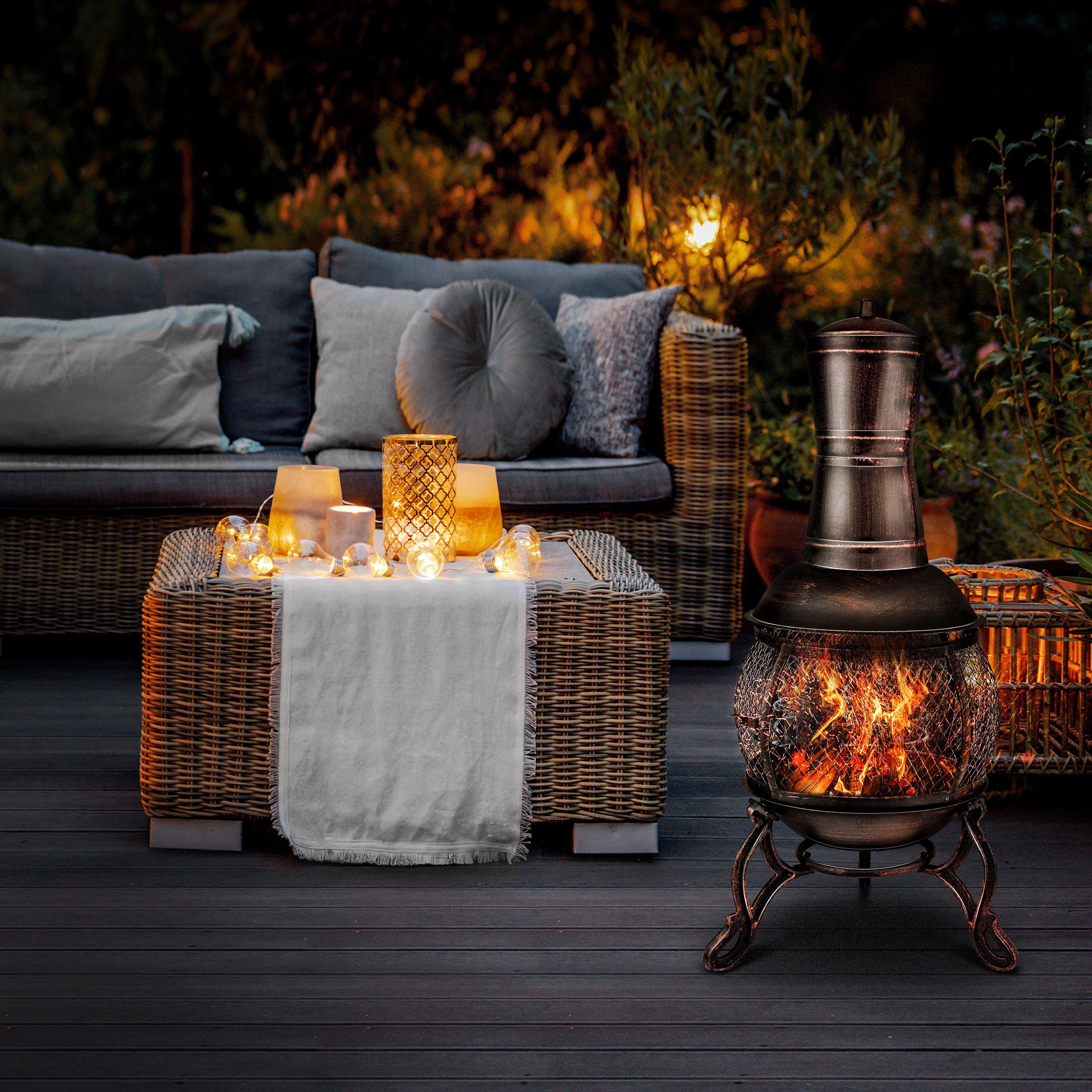 tillvex Feuerkorb Terrassenofen mit Funkenschutz & Zubehör, Gartenkamin mit Abdeckung, (Terrassenofen), Gartenofen Feuerstelle mit Grillfunktion & BBQ Grillrost