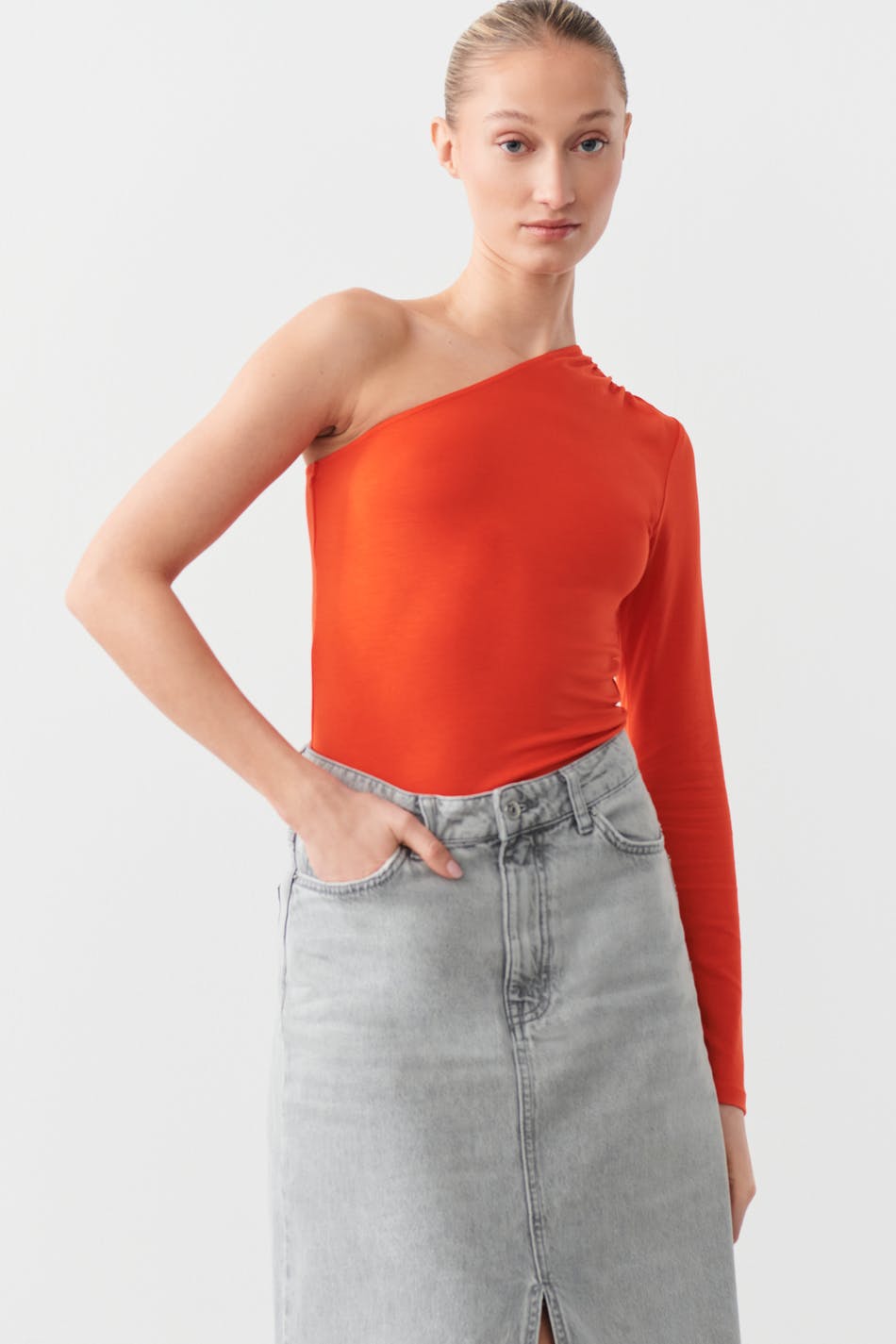 Soft touch one shoulder top