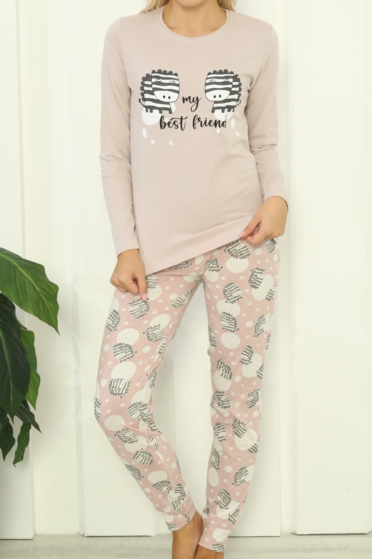 Lady Secret  Damen-Pyjama-Set mit langen Ärmeln aus Baumwolle POWDER