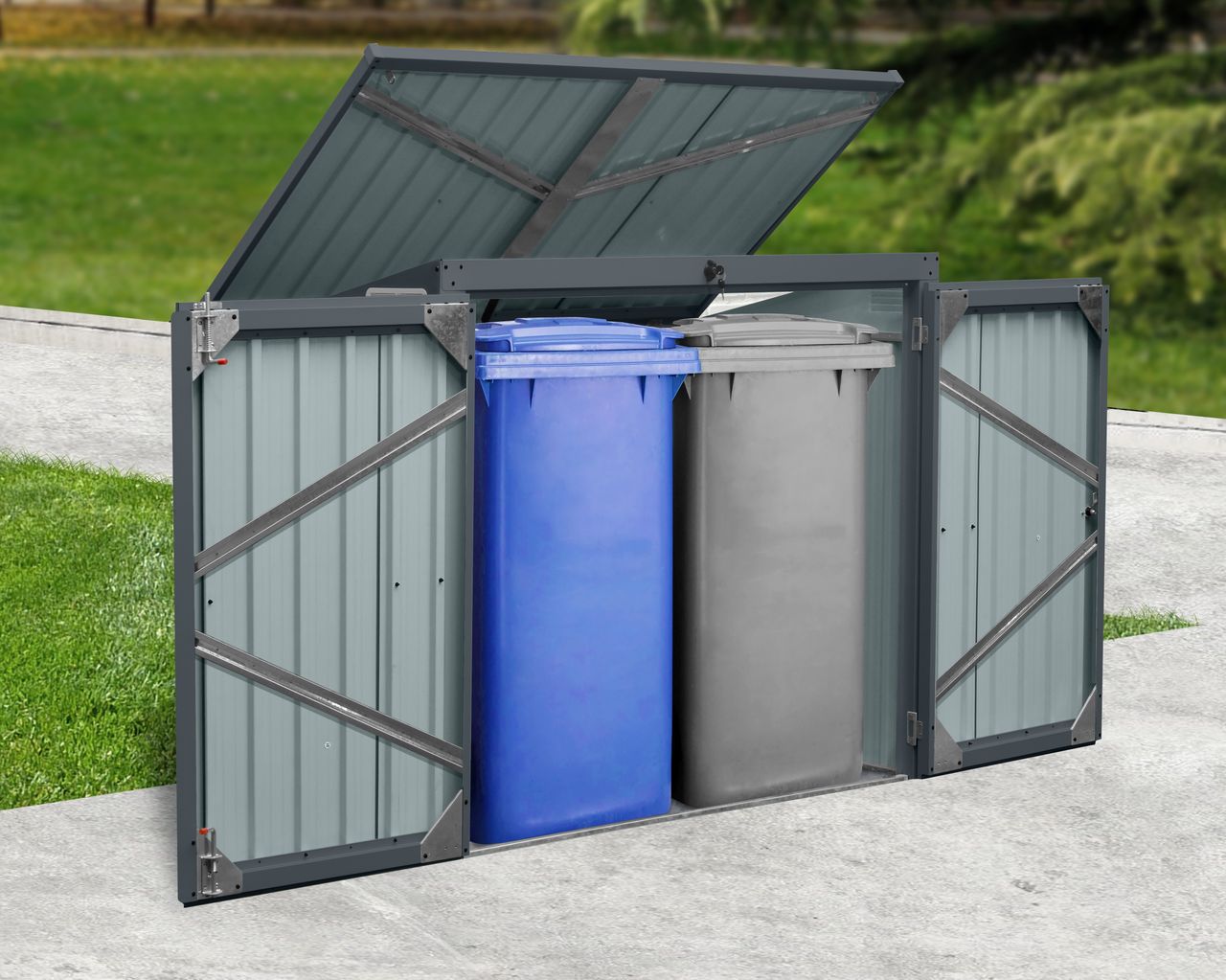 lovingHome® 2er Mülltonnenbox mit aufklappbaren Dach mit Schloss anthrazit