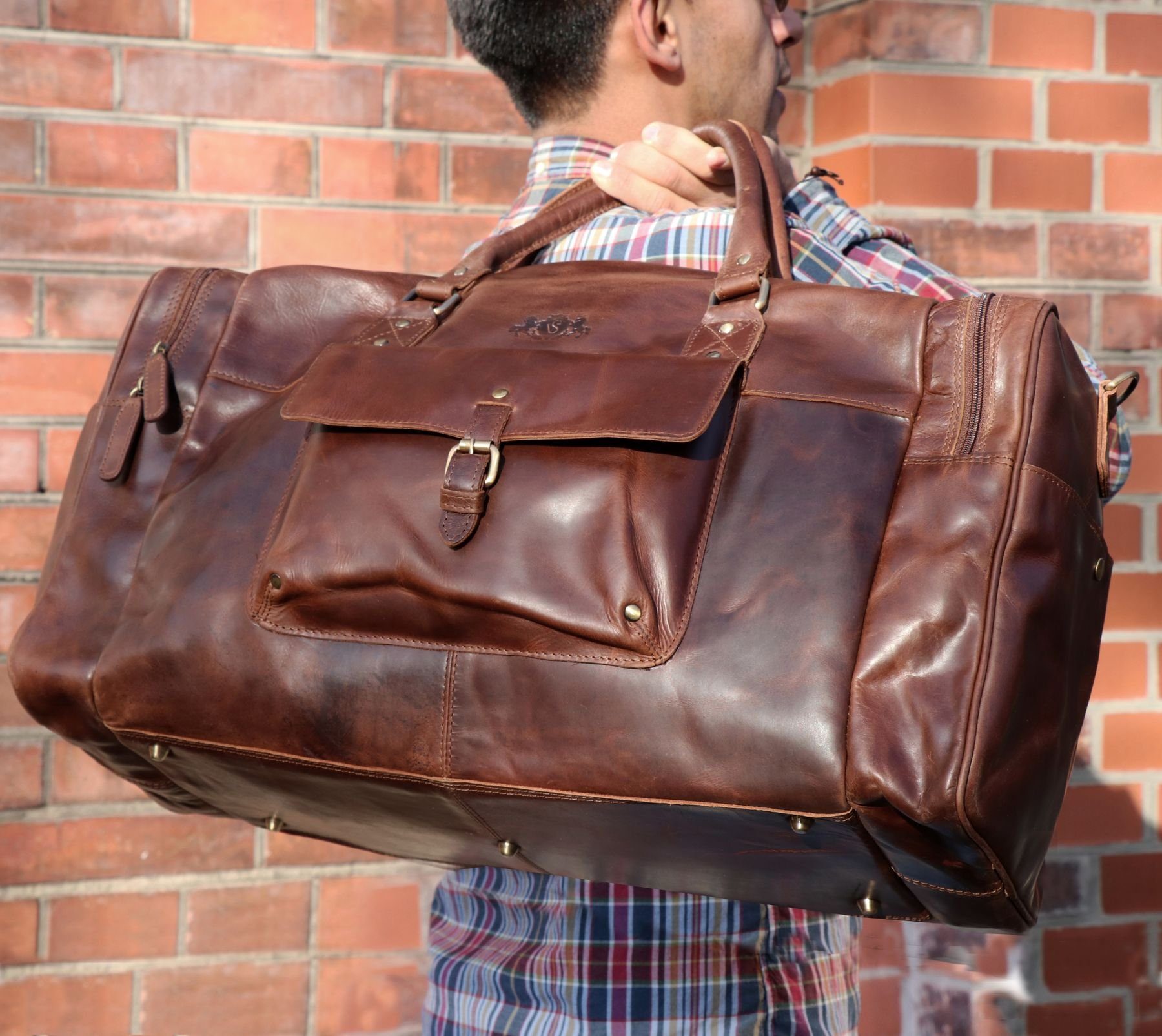 SID & VAIN Reisetasche Leder Weekender Unisex YALE, Echtleder Reisegepäck für Damen & Herren, Sporttasche XL braun-cognac