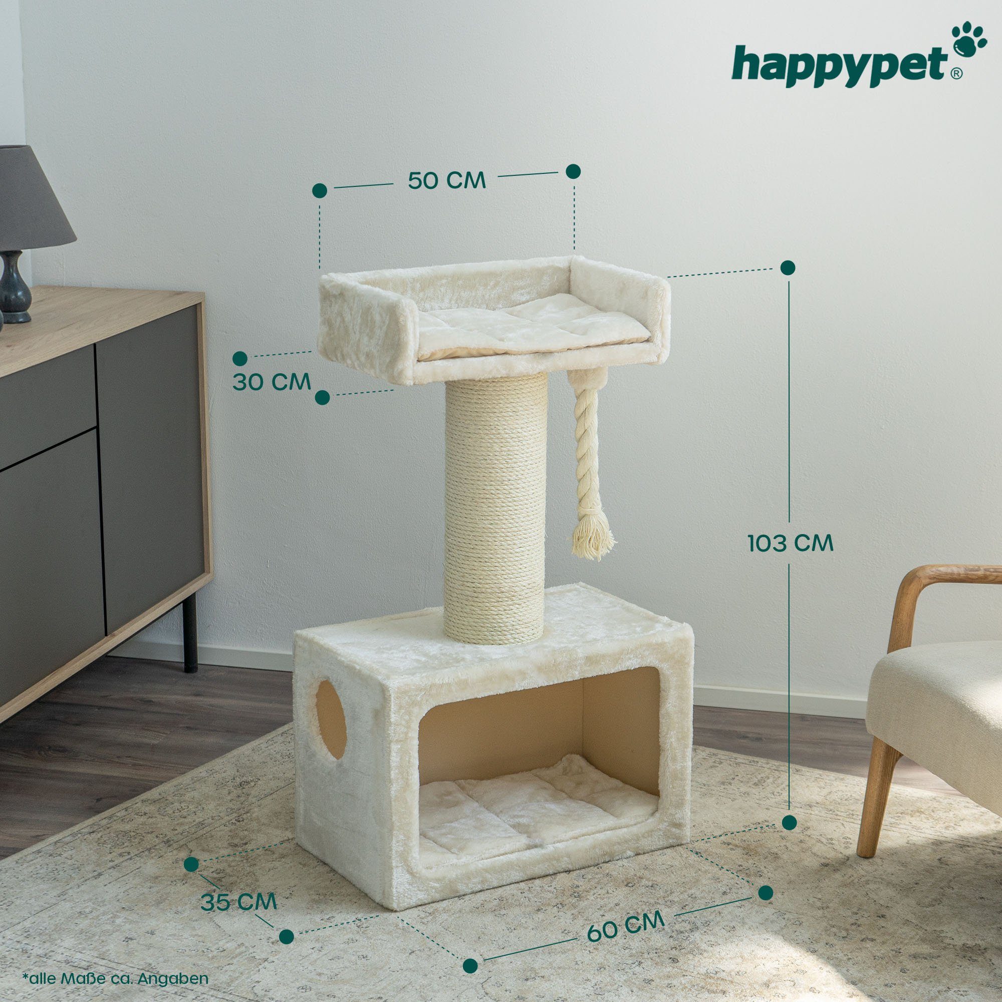Happypet Kratzbaum MC1060, Gesamthöhe: 103 cm, Haus: 60 x 35 x 40 cm, Kratztau: Ø 4 cm