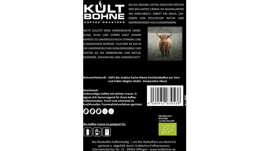 KULTBOHNE Bio Kaffee Bohnen Crema Hirschbach 500 g
