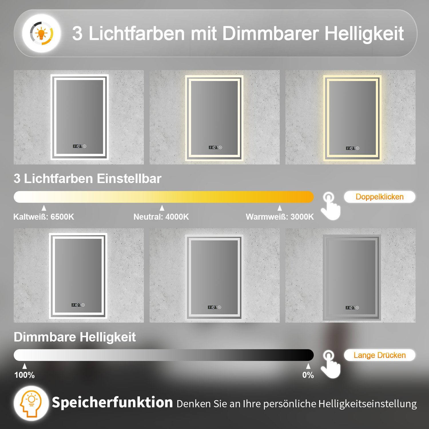 WDWRITTI Spiegel Bad mit uhr Touch Badspiegel mit beleuchtung 50x70 (Wandspiegel Helligkeit 3Lichtfarben, 3000-6500K), Speicherfunktion, IP44