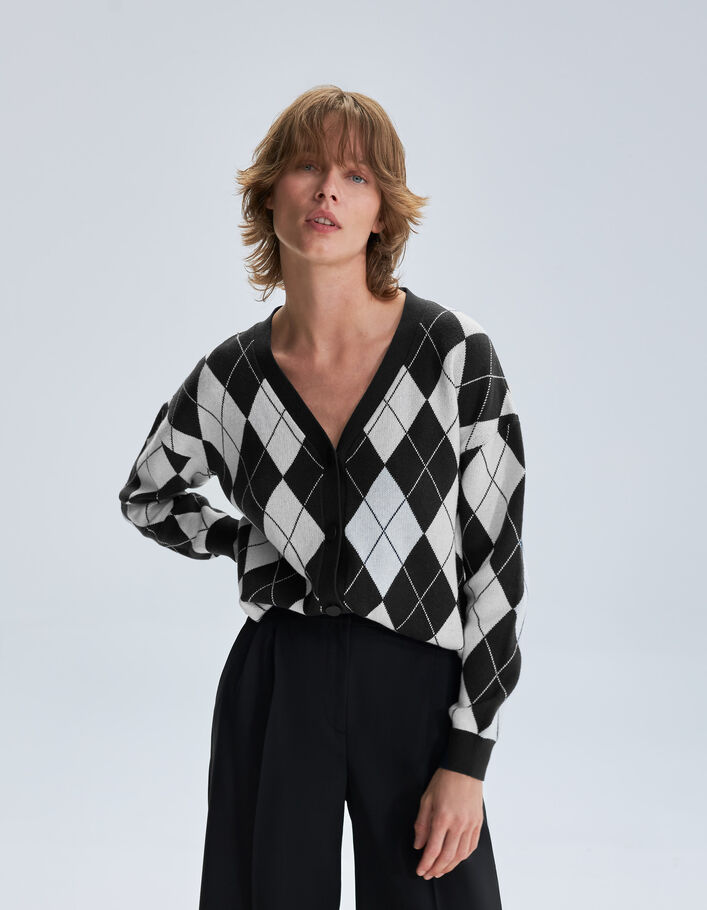 Cardigan gris et écru tricot motif Argyle Femme