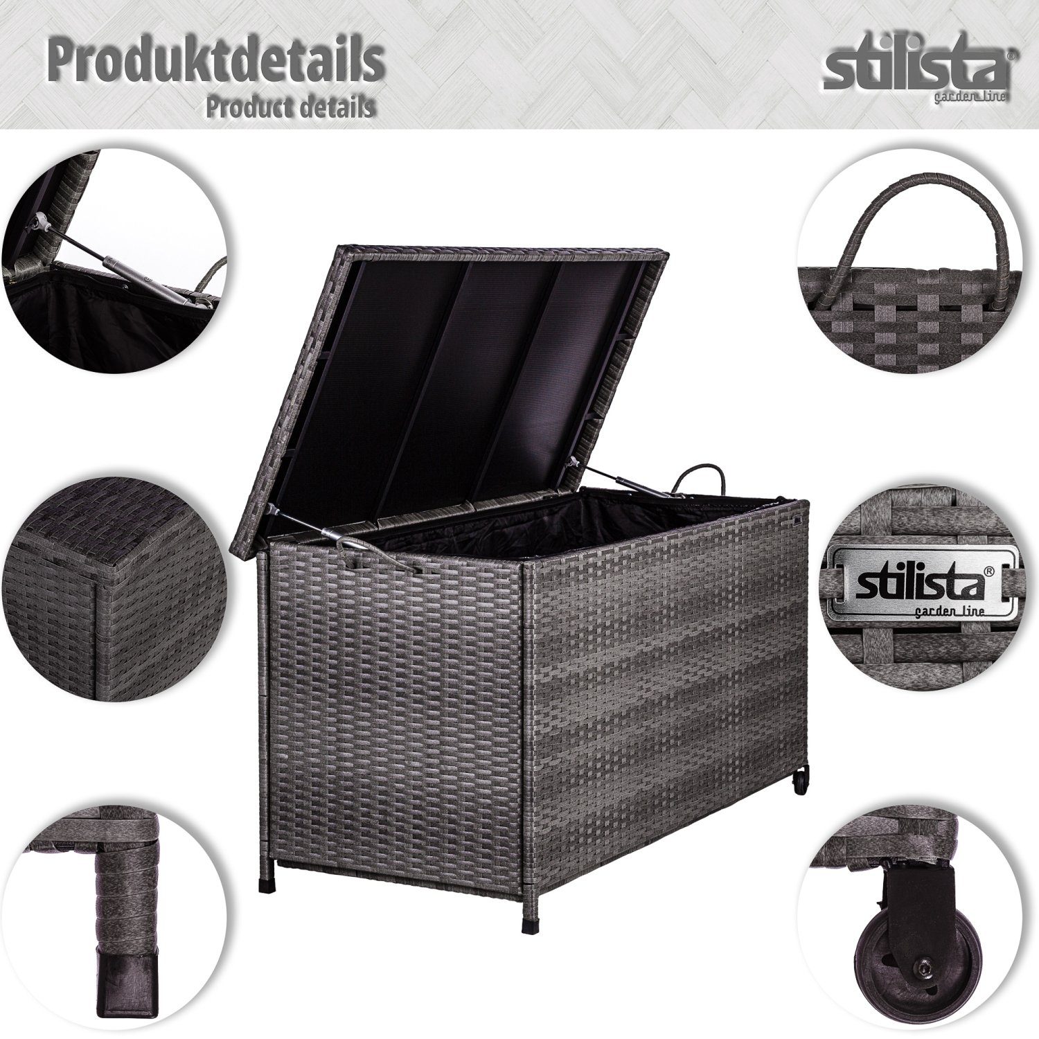 STILISTA Gartenbox Polyrattan Gartenbox Gartentruhe Aufbewahrungsbox, Deckel mit Hubautomatik, Innenplane, Räder und Tragegriffe, Farbwahl