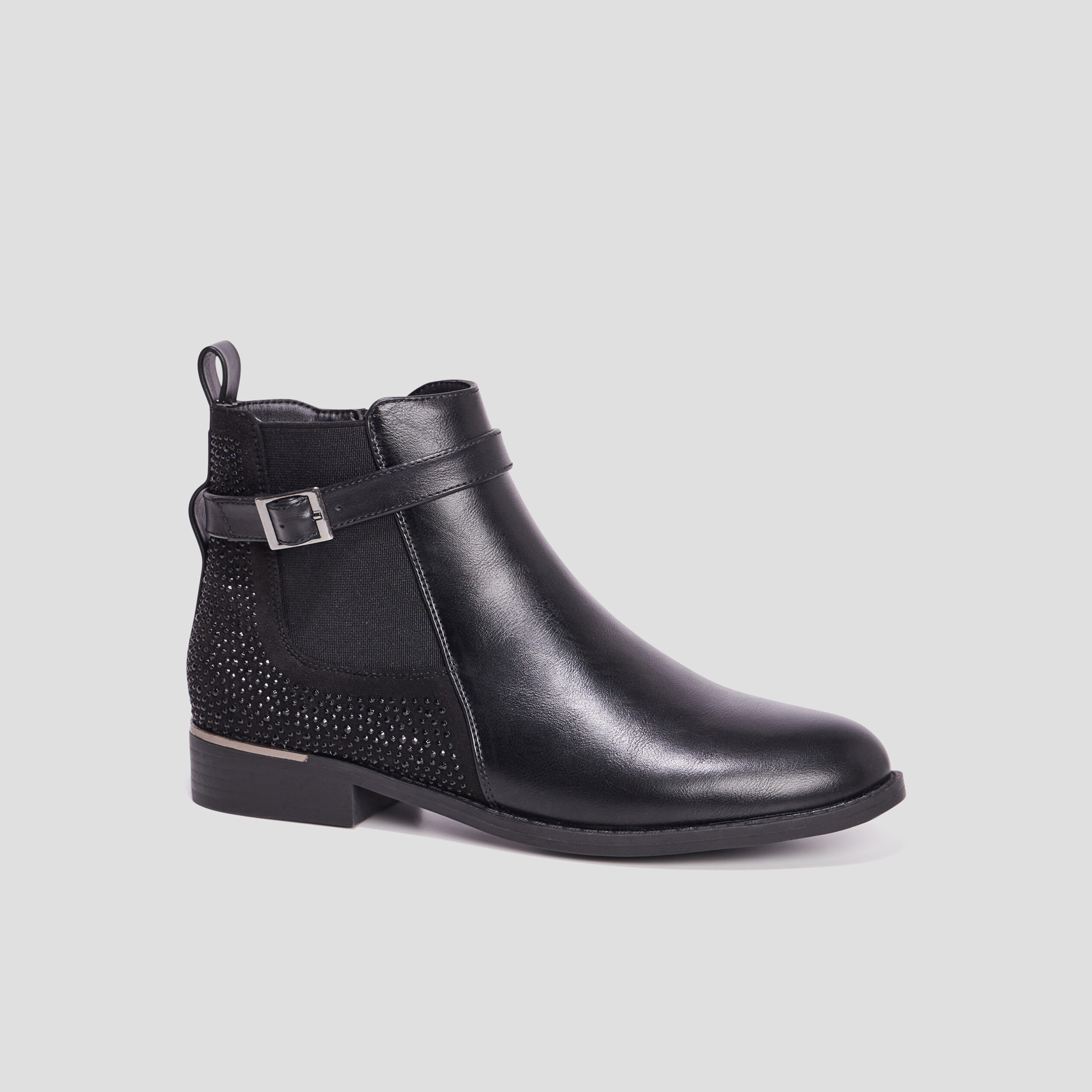 Bottines plates avec strass et boucles noir femme | La Halle