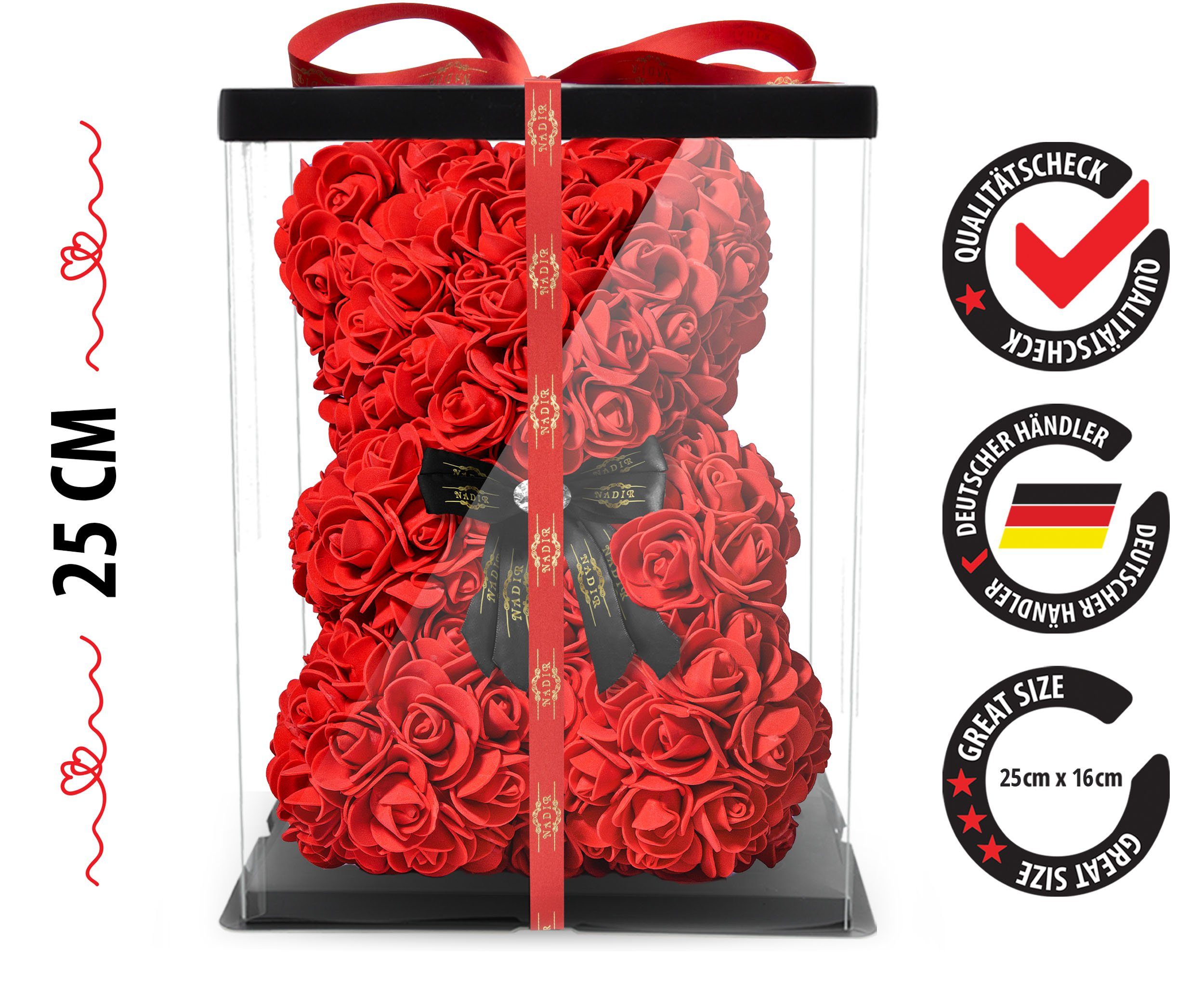 Kunstblume NADIR Rosenbär 25 cm mit Schleife / inklusive vorverpackter Geschenkbox/ Valentinstag Muttertag Geburtstag Jahrestag Infinity Rosebear Bär aus Rosen Flower Teddy Teddybär Blütenbär Künstliche Pflanze, NADIR