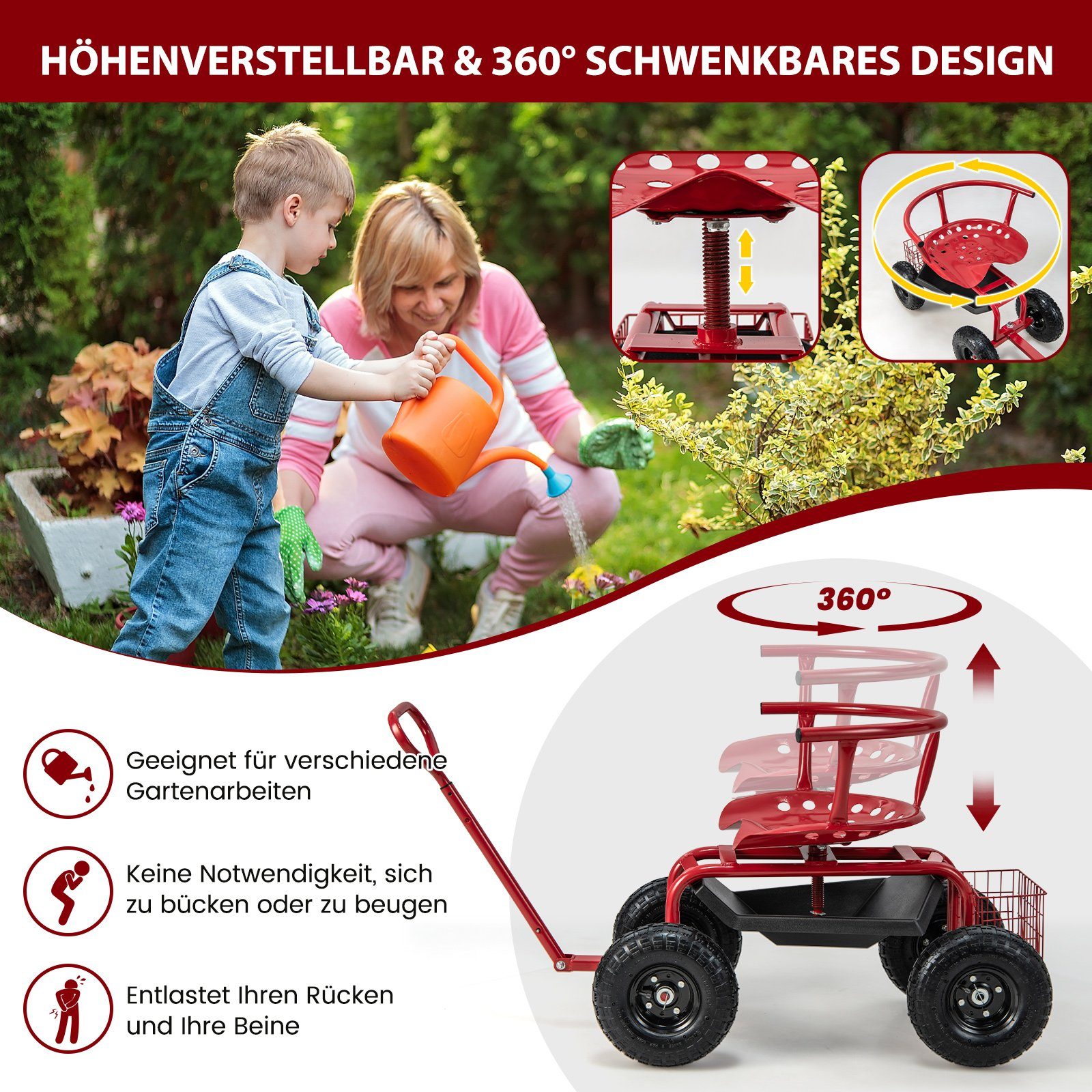 COSTWAY Rollsitz, mit Ablage, Korb, Werkzeugtasche & Sitzkissen, bis 135kg