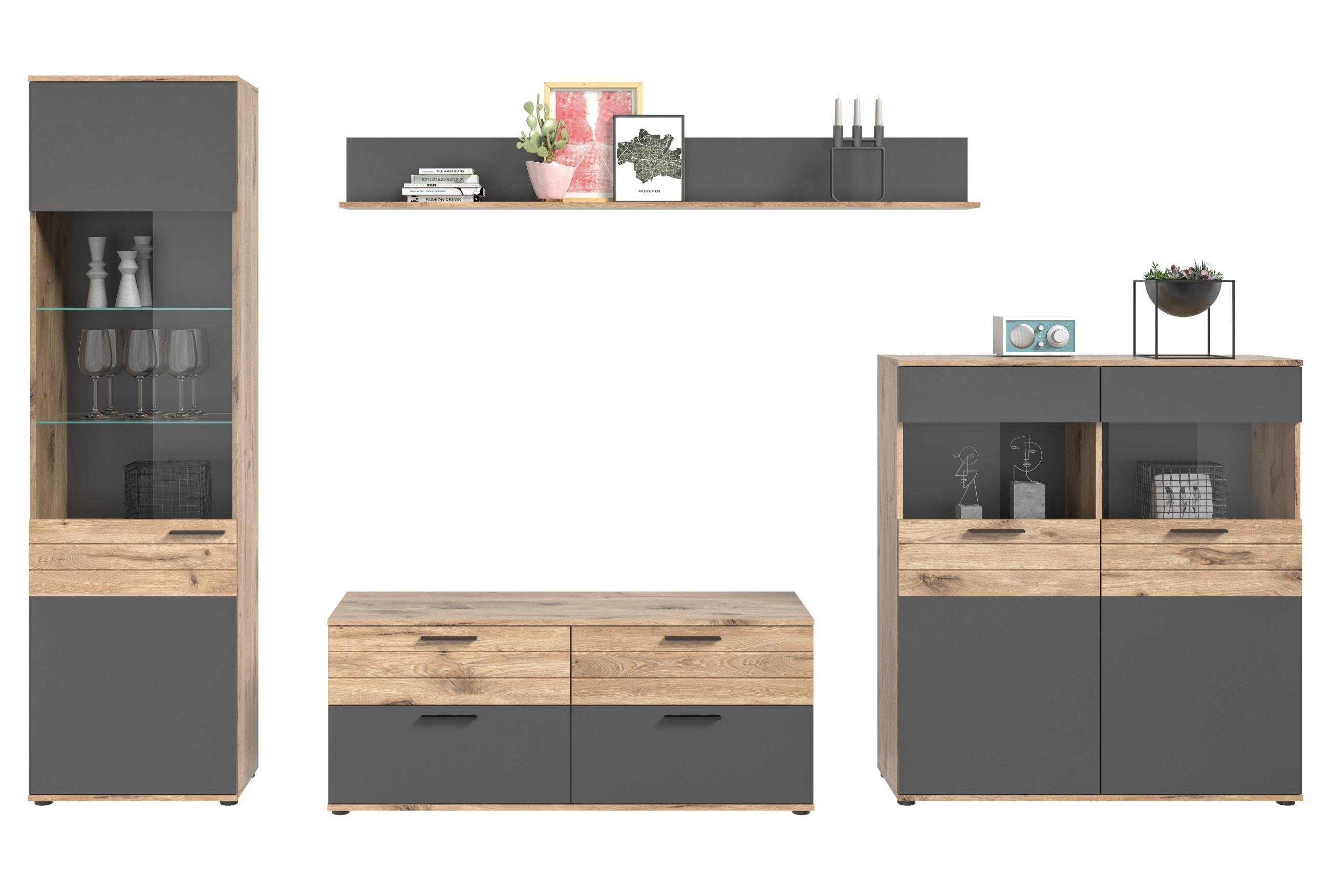 xonox.home Wohnwand Wohnwand MASON W01 4-teilig - Eiche und Basalt grau, (Komplett-Set, 4-St., Vitrine, Lowboard, Highboard, Wandboard)