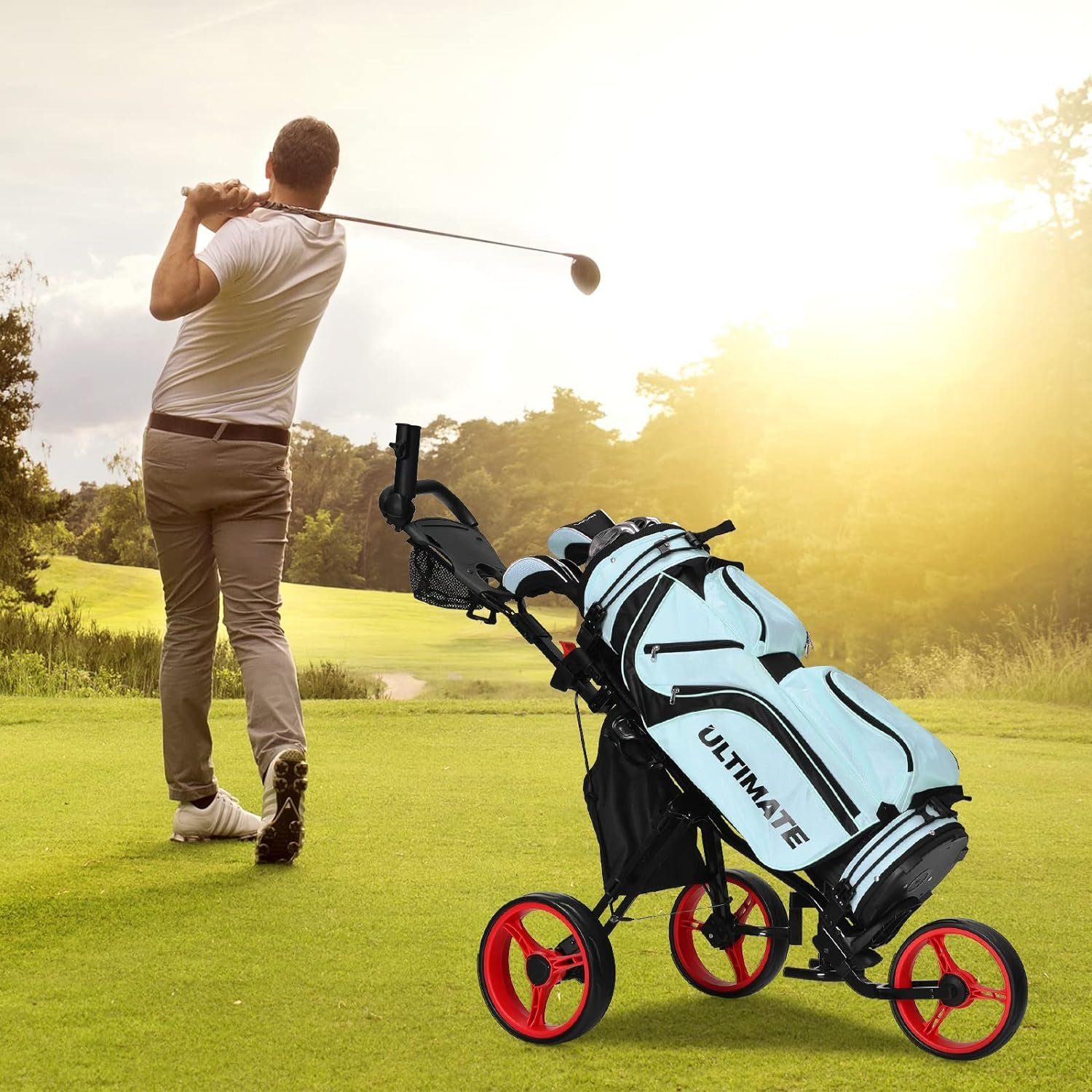 KOMFOTTEU Golftrolley Golfwagen, 3-Rad Trolley, mit abnehmbarem Sitz