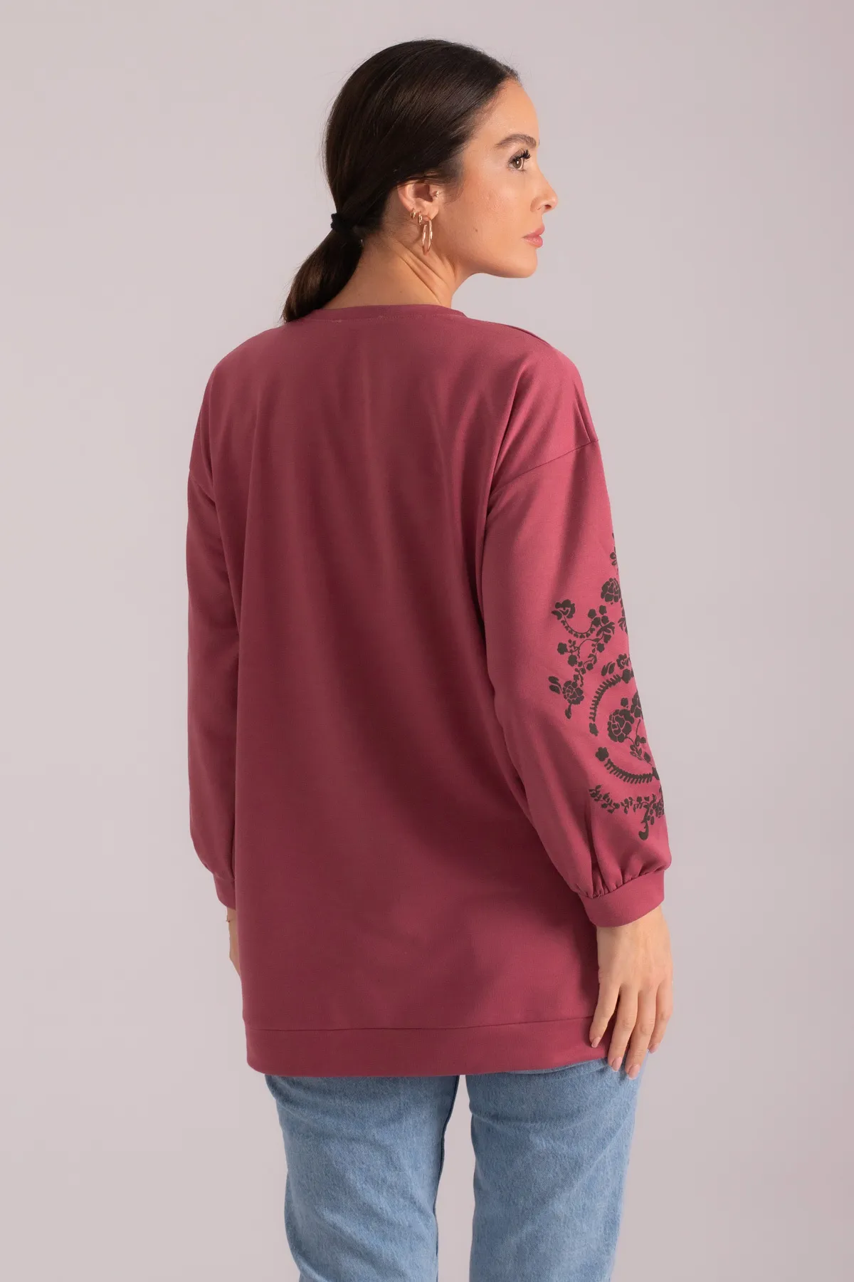 armonika  Damen-Tunika Dusty Rose mit rundem Ausschnitt und Ärmeln und Prägung ARM-21K024033