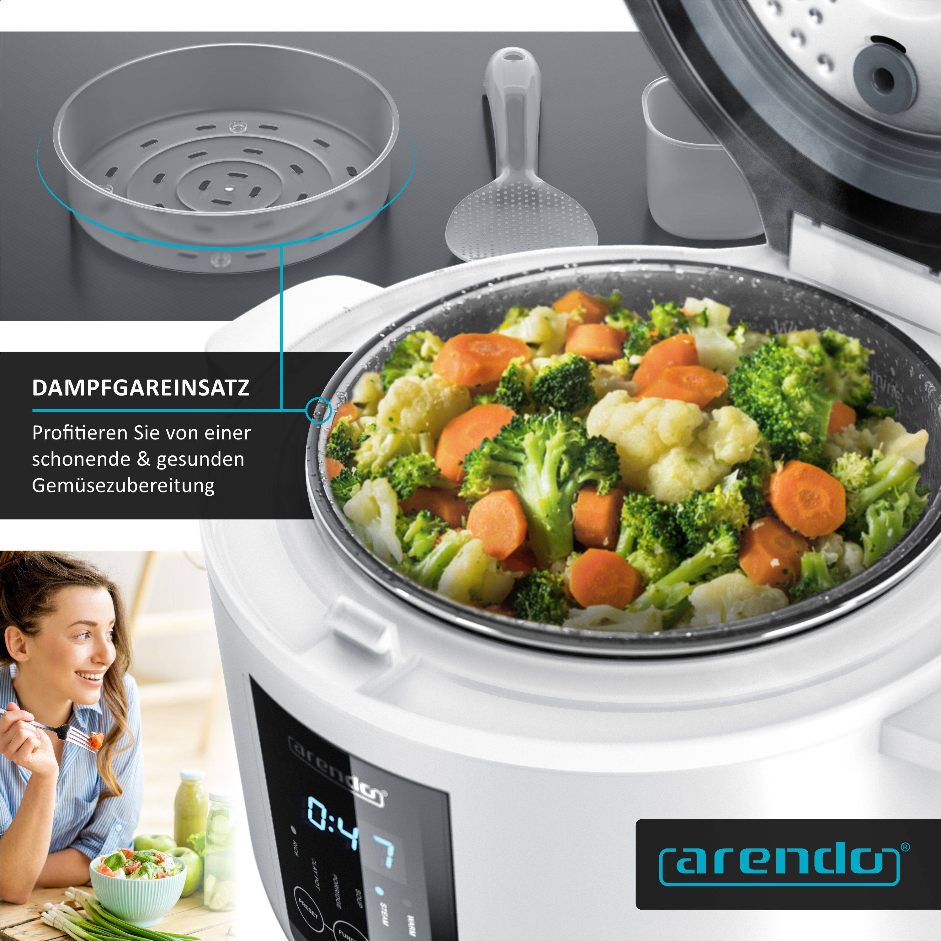 Arendo Reiskocher, 350 W, Digitaler Dampfgarer, Kochprogramme, Timer, Warmhaltefunktion, Display