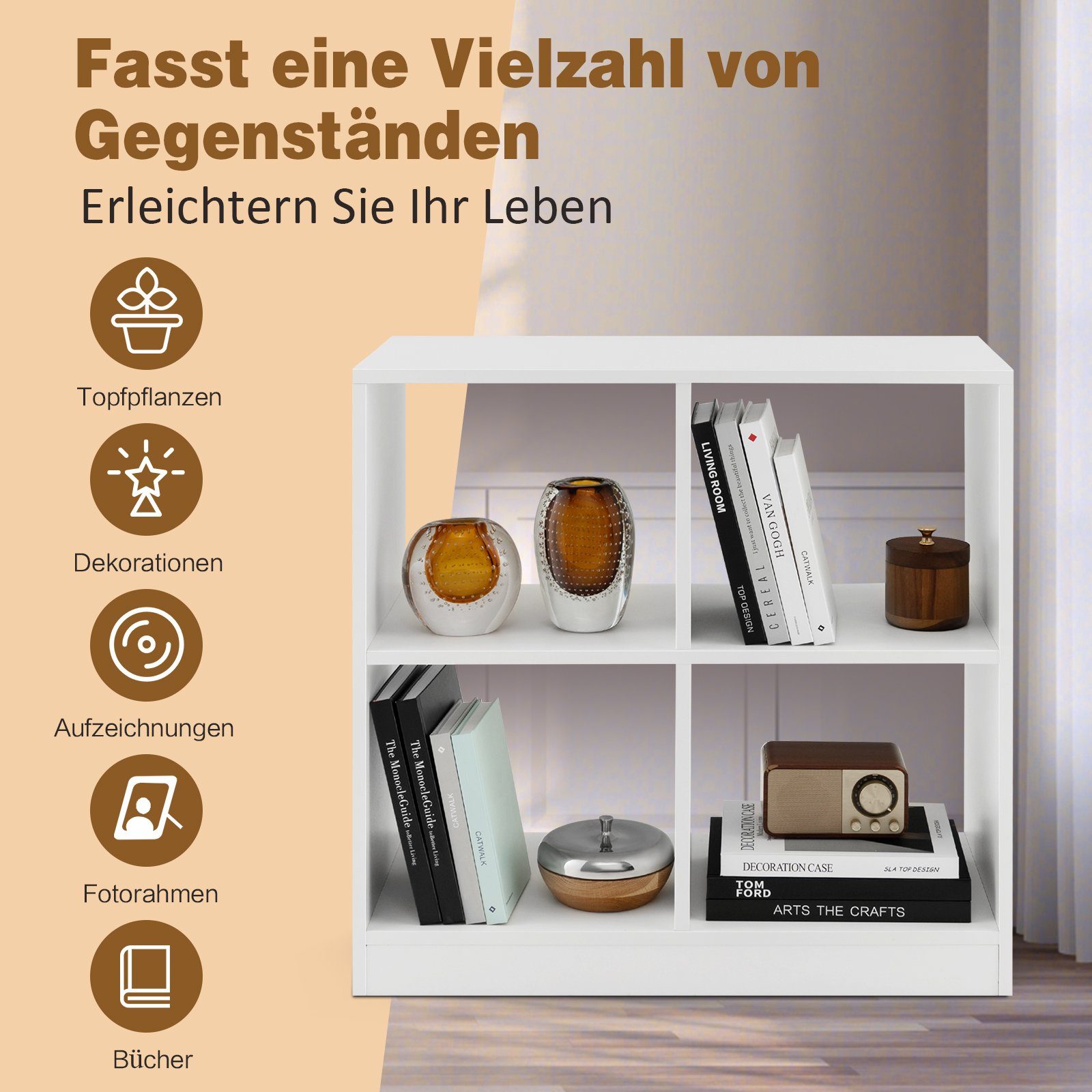 COSTWAY Bücherregal, mit 4 Fächern, 73 x 33 x 73 cm