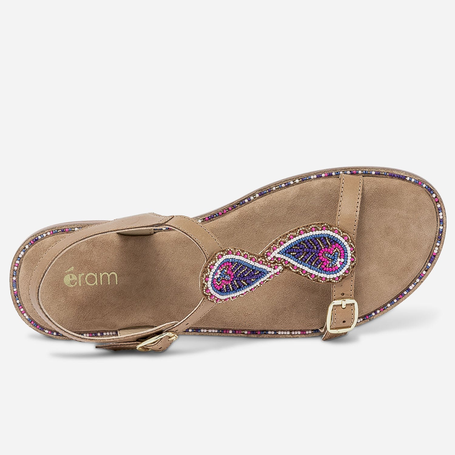 Sandale camel en cuir à plastron perlé