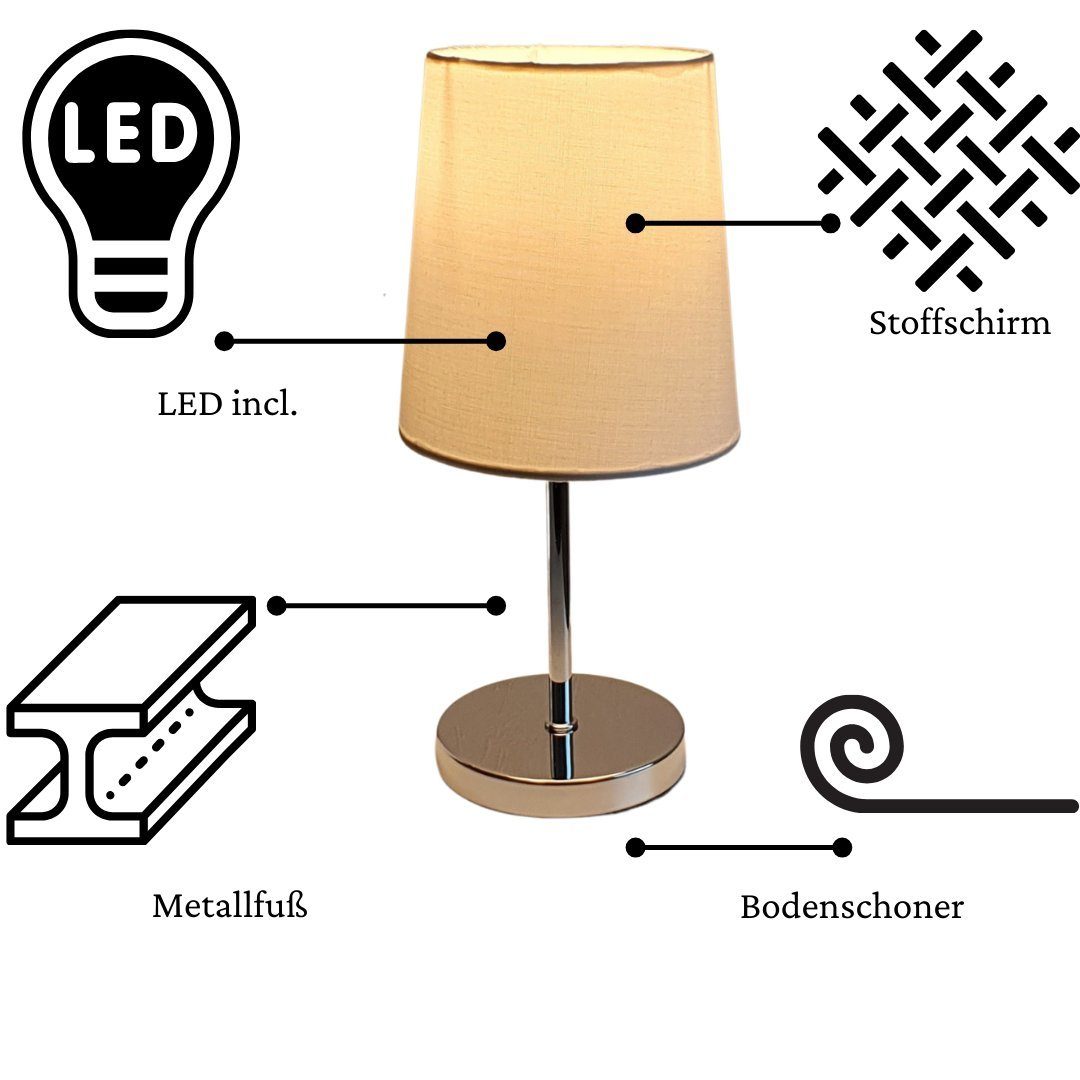 Lichthandel Hoch LED Tischleuchte Set LED Nachttischlampe Tischleuchte modern Stoffschirm incl. 3W LED, LED wechselbar, warmweiß, inklusive LED, nicht dimmbar, Doppelset