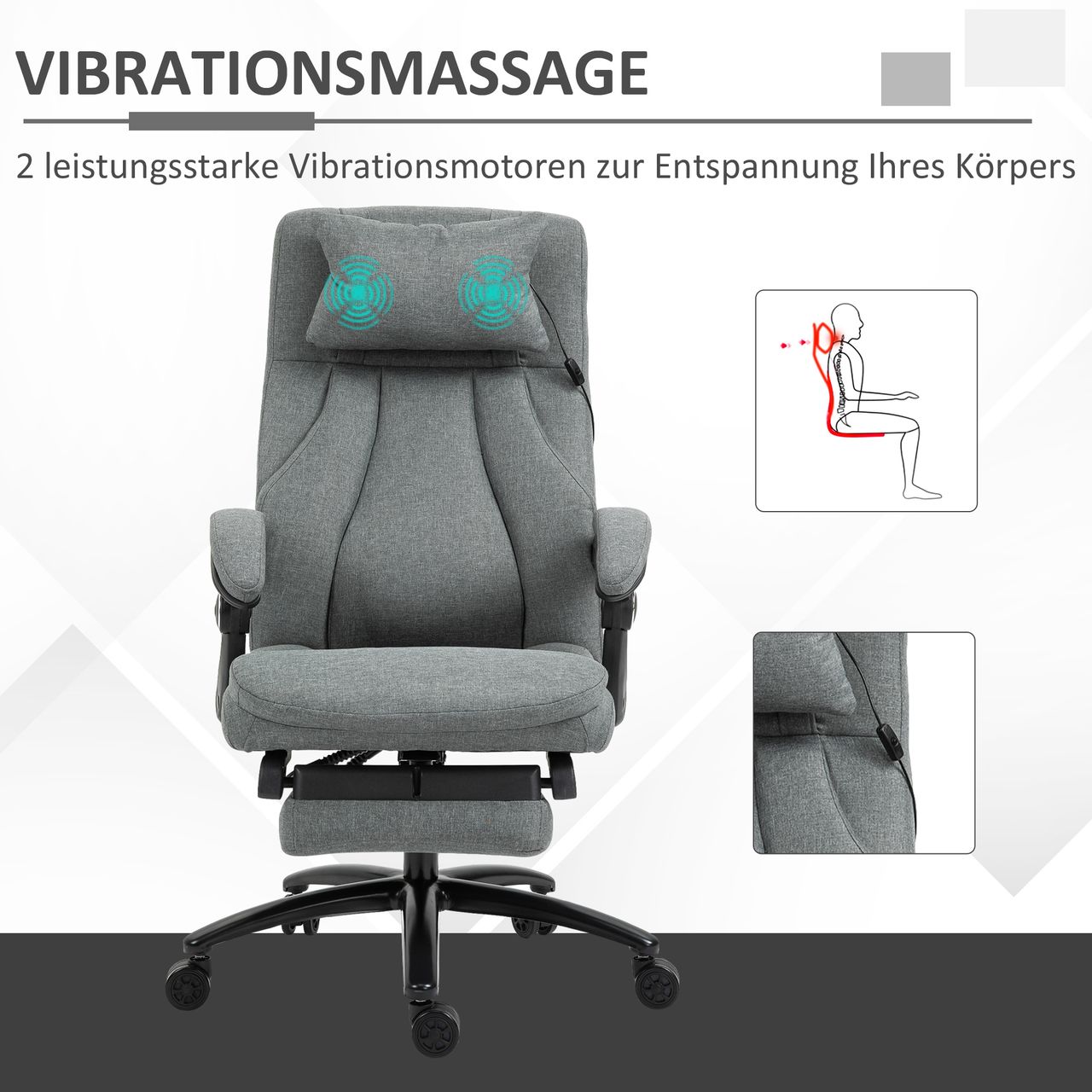Vinsetto Massagebürostuhl Drehstuhl mit Fußstütze höhenverstellbar Leinen-Gefühl