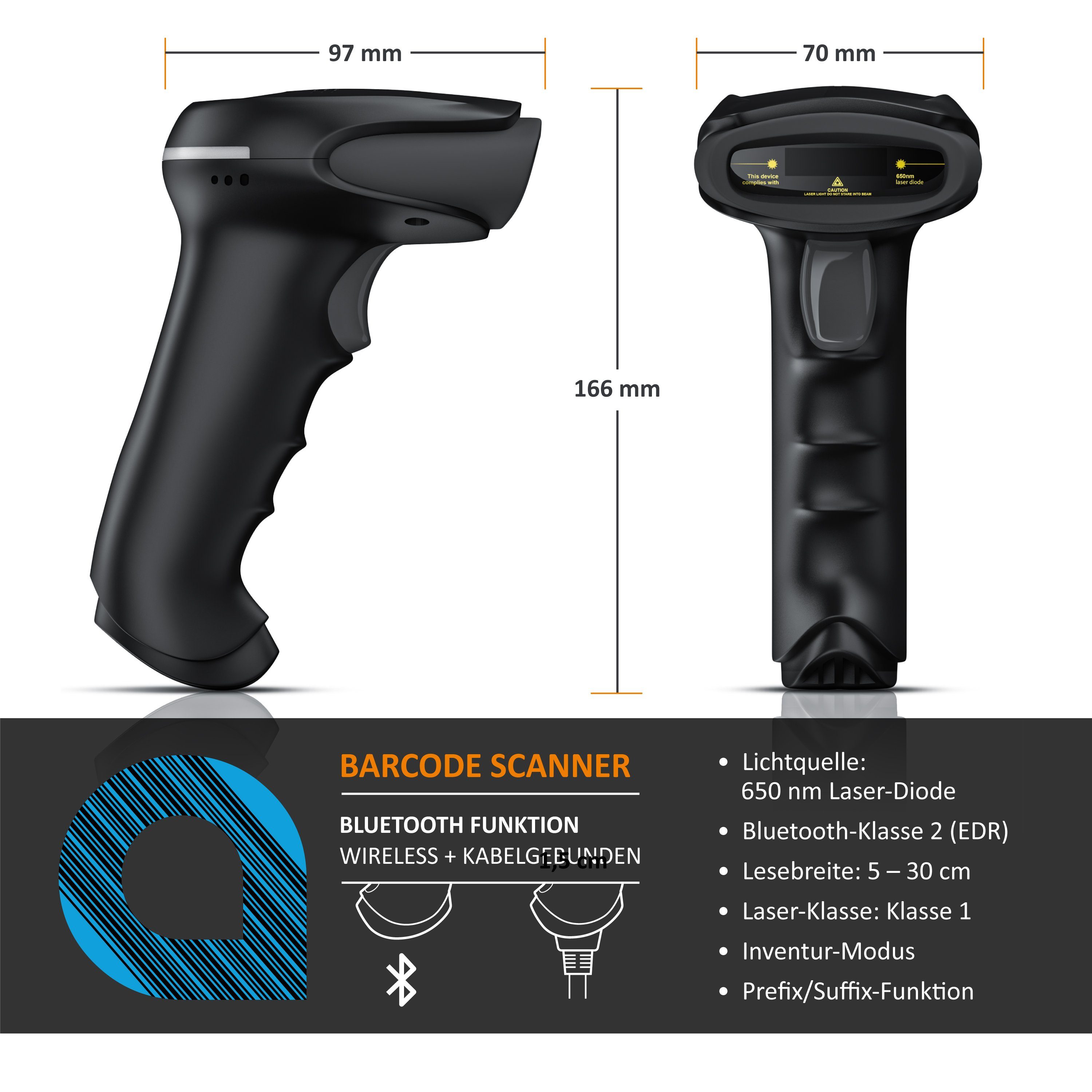 Aplic Handscanner, (Bluetooth Laser Barcodescanner, Wireless Handheld Scanner, IP54)