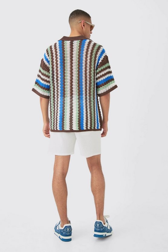 Oversize Strick-Poloshirt mit Streifen