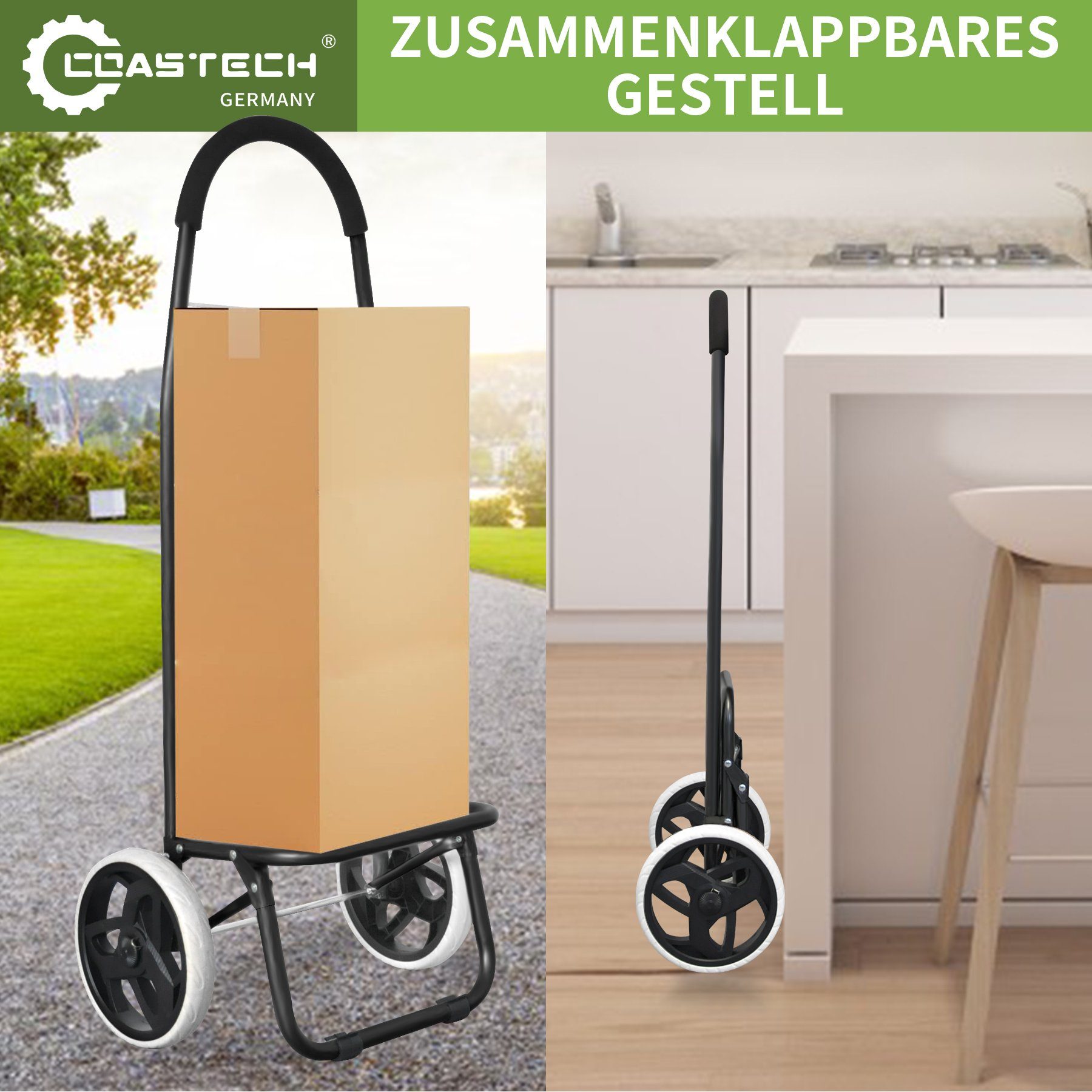 Coastech Einkaufstrolley Einkaufswagen 45 L Stauraum klappbar Abnehmbare Tasche, Oxford-Stoff Wasserabweisend, Ergonomischer / Gepolsterter Griff