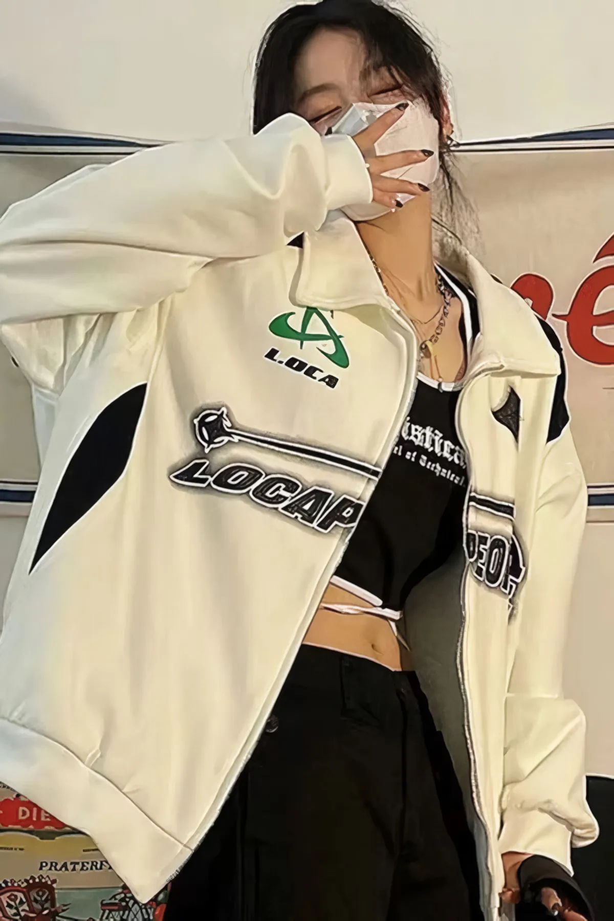 EFBUTİK  Weißer Unisex Y2k Streetwear Locapeople Ribbon Zipper Cardigan