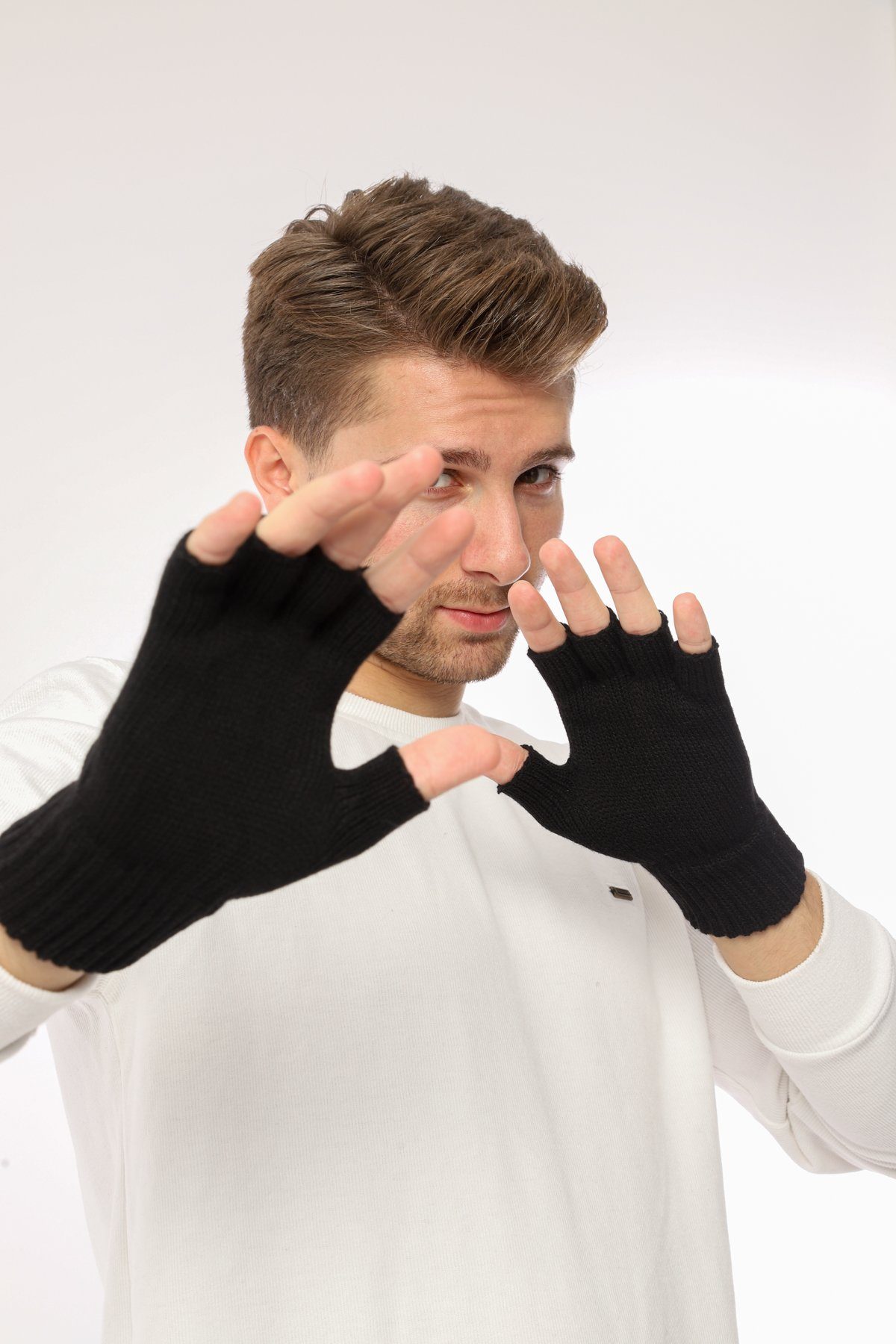 herémood Strickhandschuhe fingerlose Winterhandschuhe Halbfinger Rippstrick Damen Herren