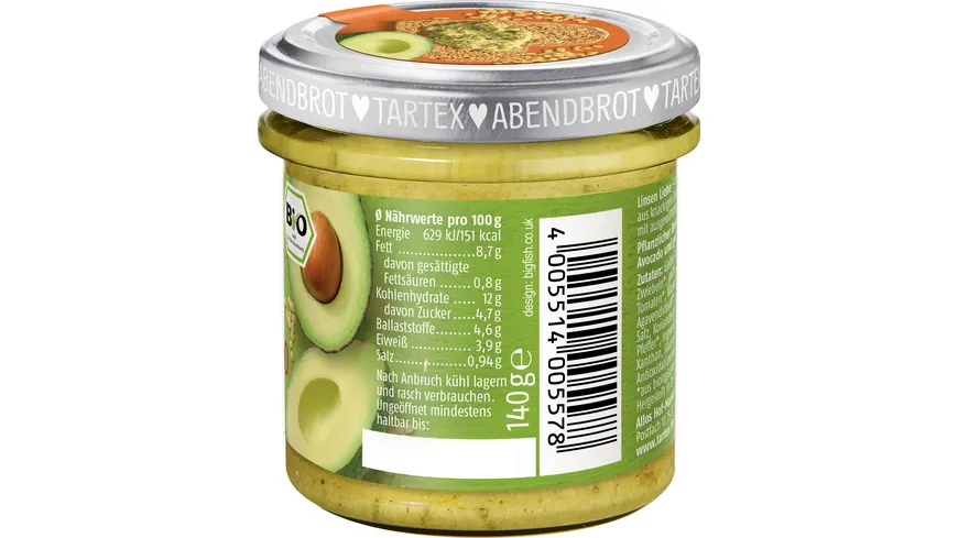 Tartex Bio Linsen Liebe Gelbe Linse Avocado 140 g