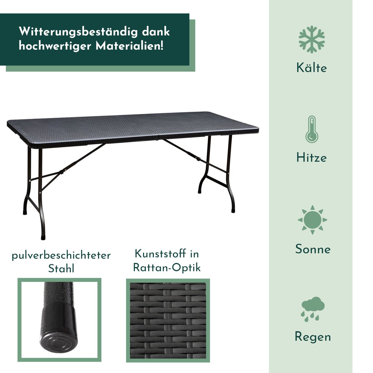Lemodo Gartentisch in Rattan Optik, Klapptisch 180 x 75 cm, Buffettisch bis 150 kg belastbar