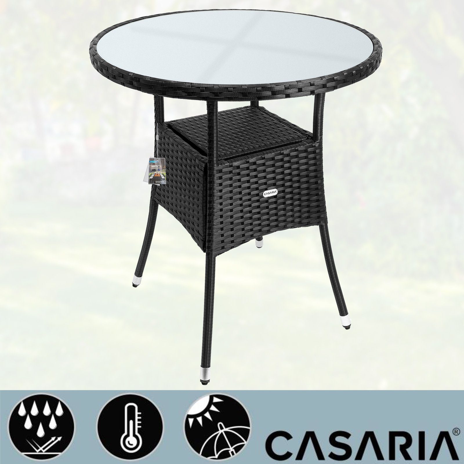 Casaria Gartentisch, Polyrattan Rund Glas Höhenverstellbar 80kg Belastbarkeit Wetterfest