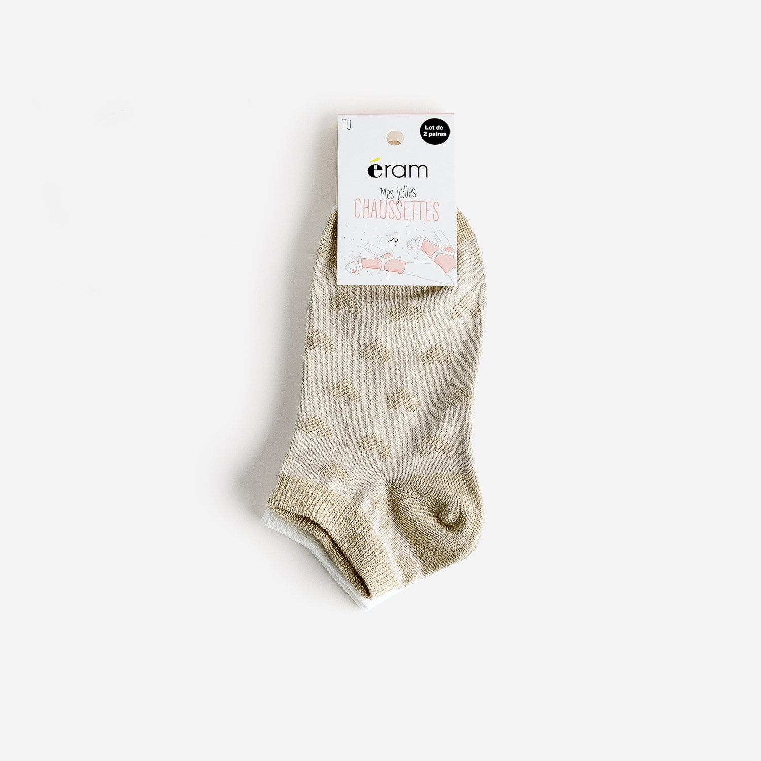 Chaussettes beige doré jacquard cœurs et écrues
