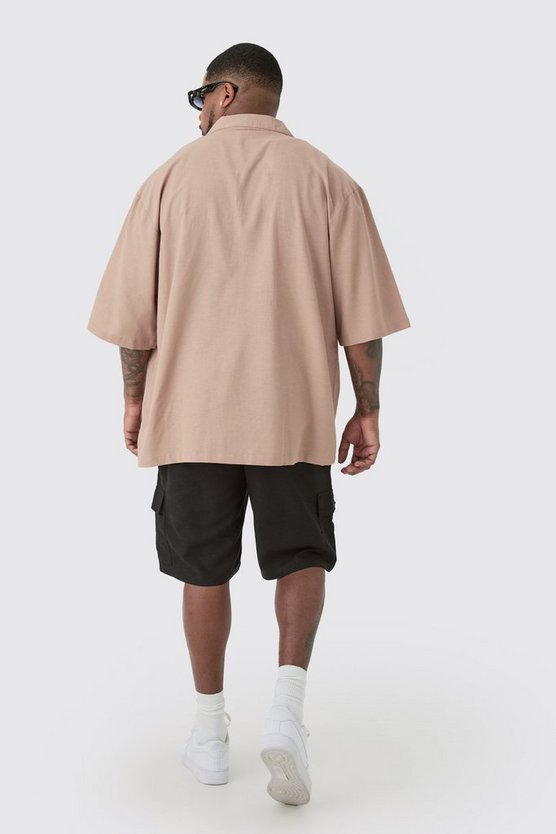 Plus besticktes Leinen-Hemd in Taupe