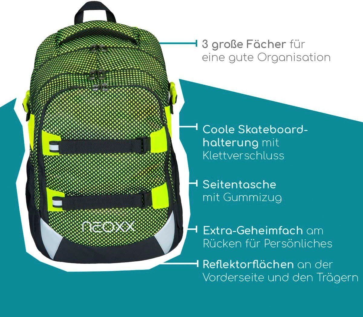 neoxx Schulrucksack Active, All about Neon, aus recycelten PET-Flaschen
