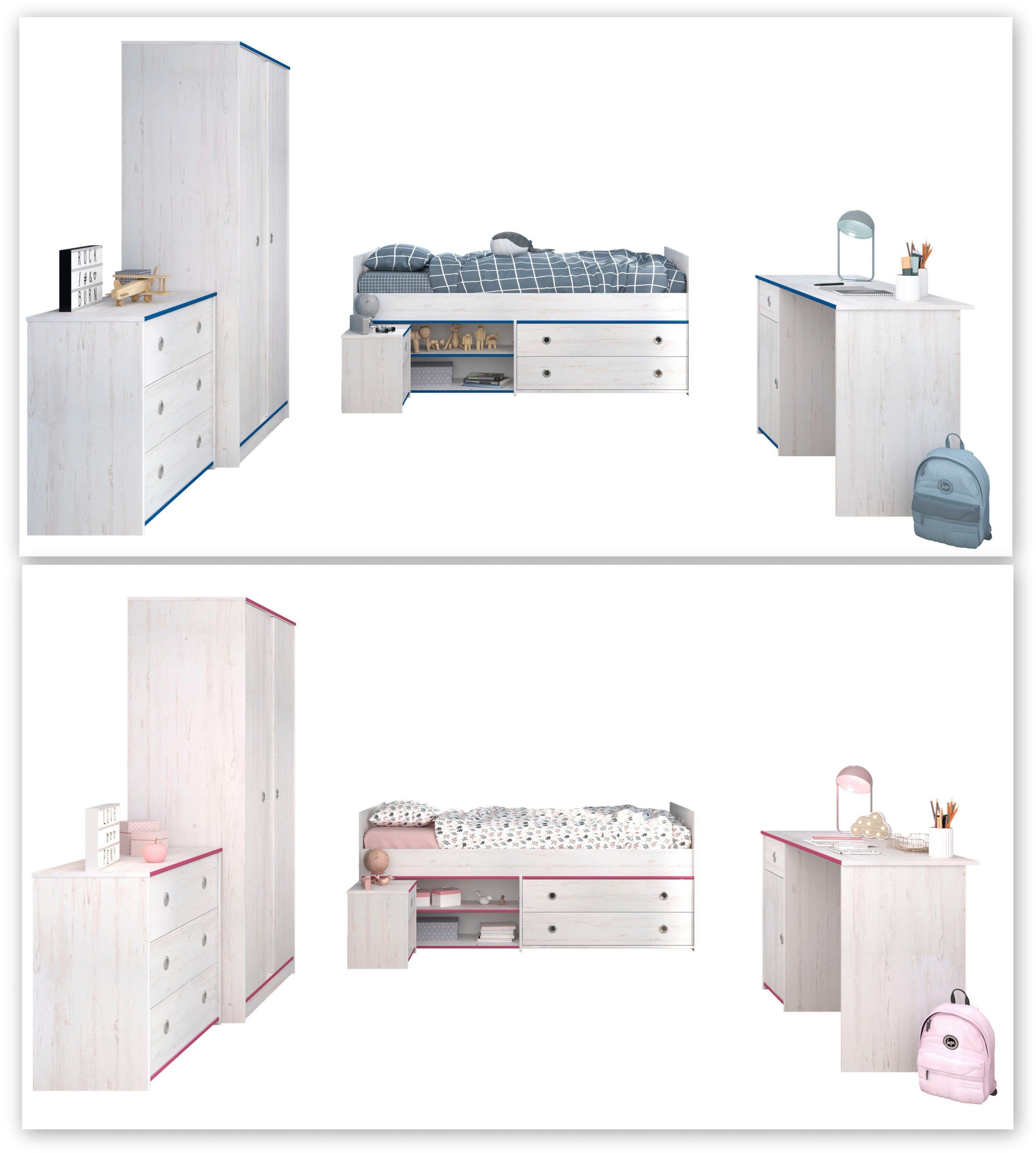 Parisot Jugendzimmer-Set Smoozy, (Set, 5-St., Stauraumbett, Nachttisch, Kleiderschrank, Schreibtisch und Kommode)