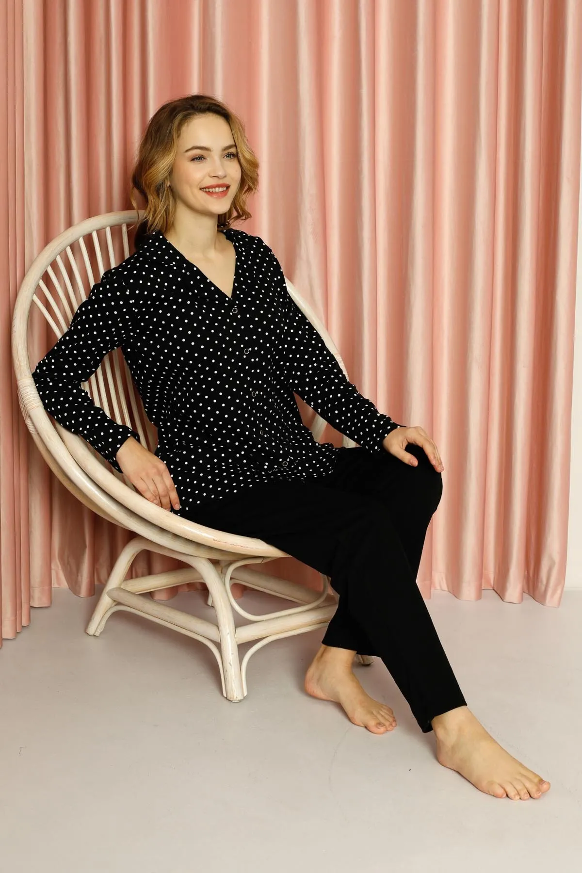 AHENGİM  Pyjama-Set für Damen, Interlock, gepunktet, durchgehend geknöpft, Baumwolle, saisonal, W20512278