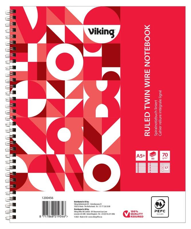 Viking Notizbuch DIN A5  Liniert Doppeldraht Seitlich gebunden Papier Softcover Rot Perforiert 160 Seiten 5 Stück