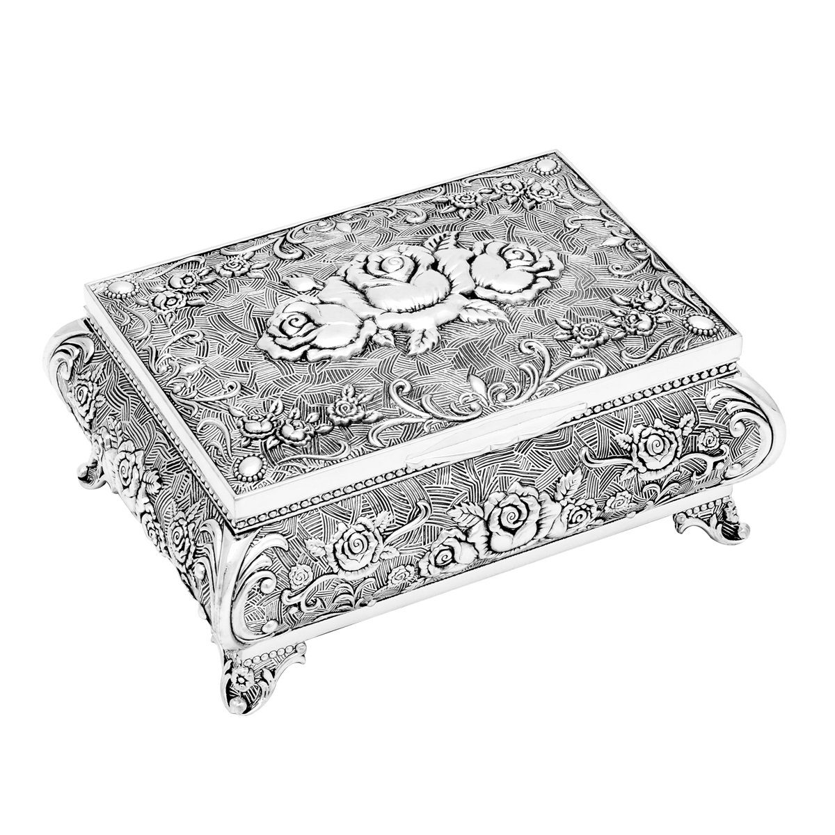 Brillibrum Schmuckkasten Schmuckschatulle Rose versilbert Schmuckkästchen Barock mit Rosen Motiv Schatulle Silber aus Metall kleine Schatulle