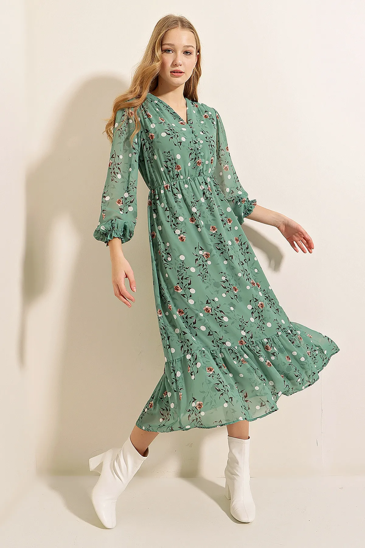 Bigdart  2137 Gemustertes Chiffonkleid - Çağla