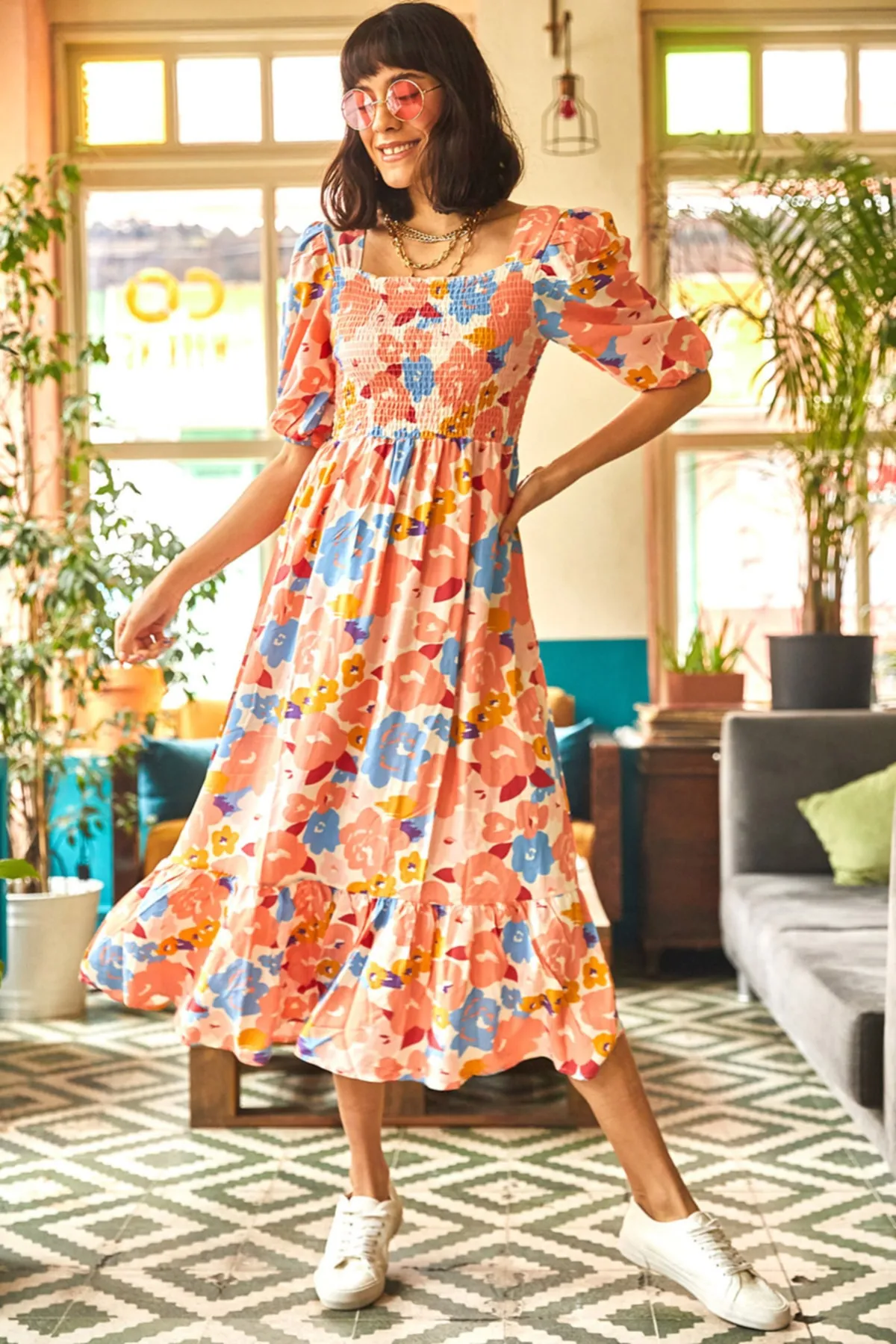 Olalook  Ecru Lachs Gimped Lässiges Kleid aus gewebter Viskose für Damen ELB-19001483