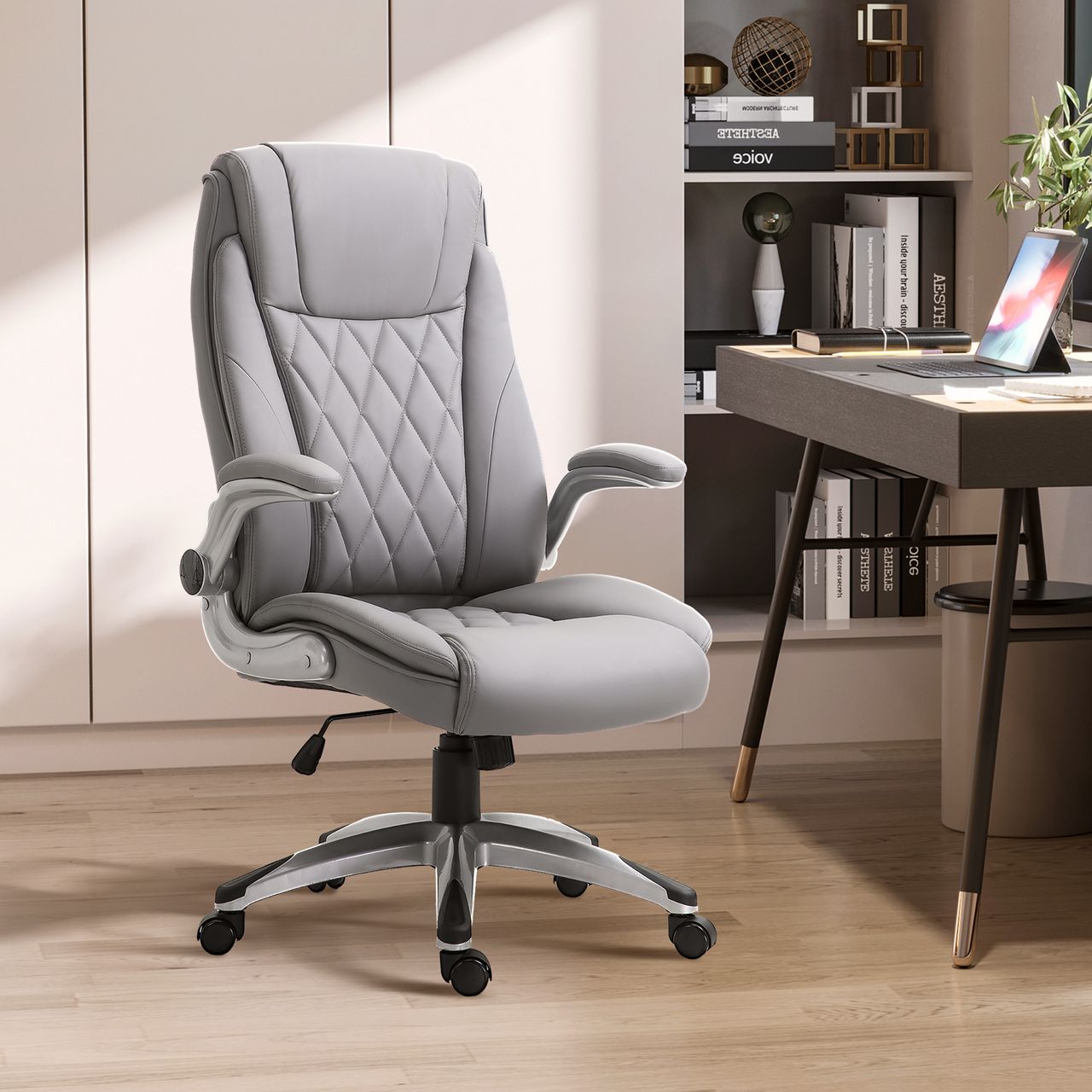 HOMCOM Vinsetto Bürostuhl mit Wippfunktion höhenverstellbar Kunstleder Grau 69,5 x 76 x 113–121 cm