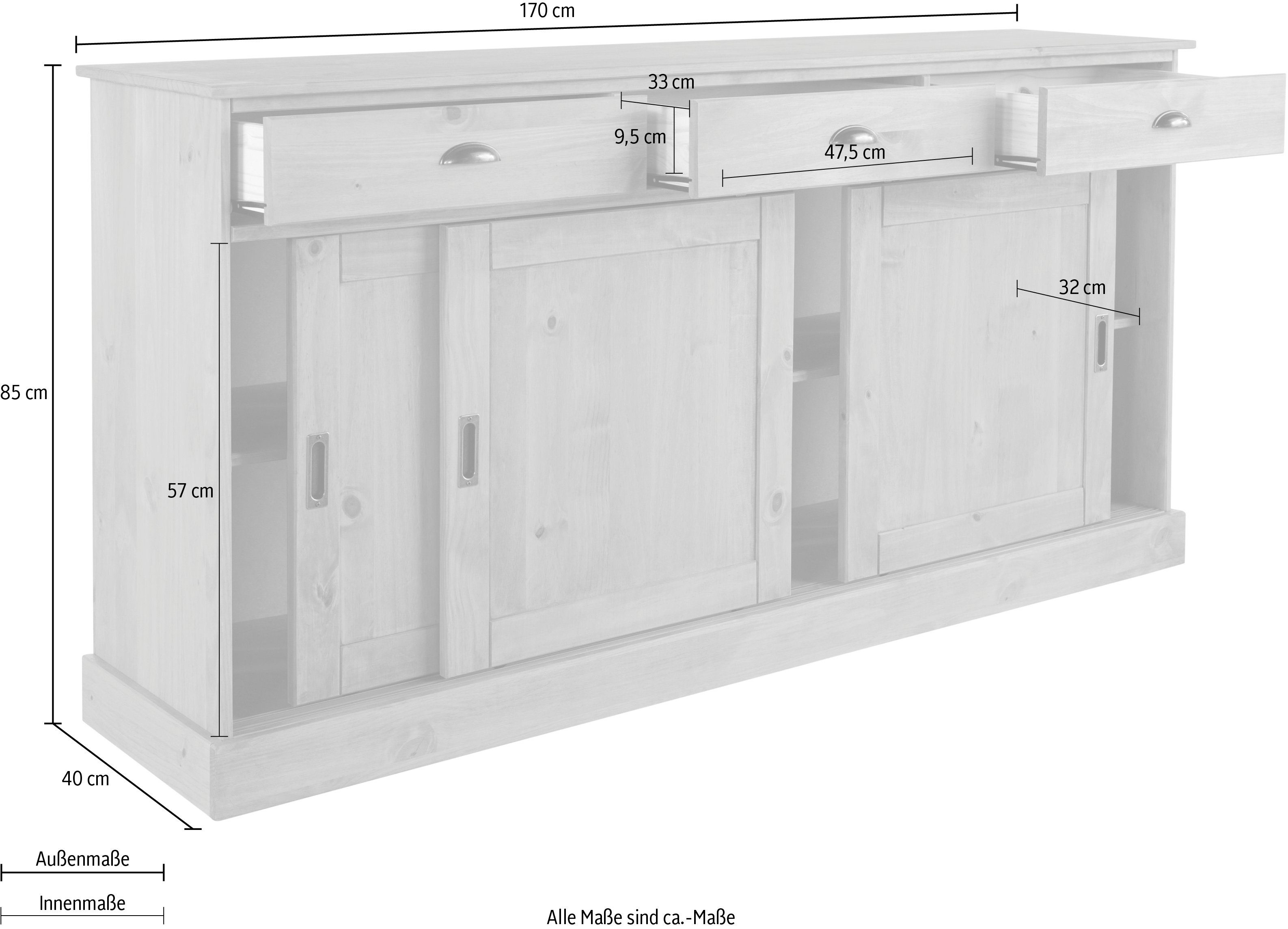 Home affaire Sideboard Schröder, mit 3 Schiebetüren und 3 Schubkasten, aus massivem Kiefernholz