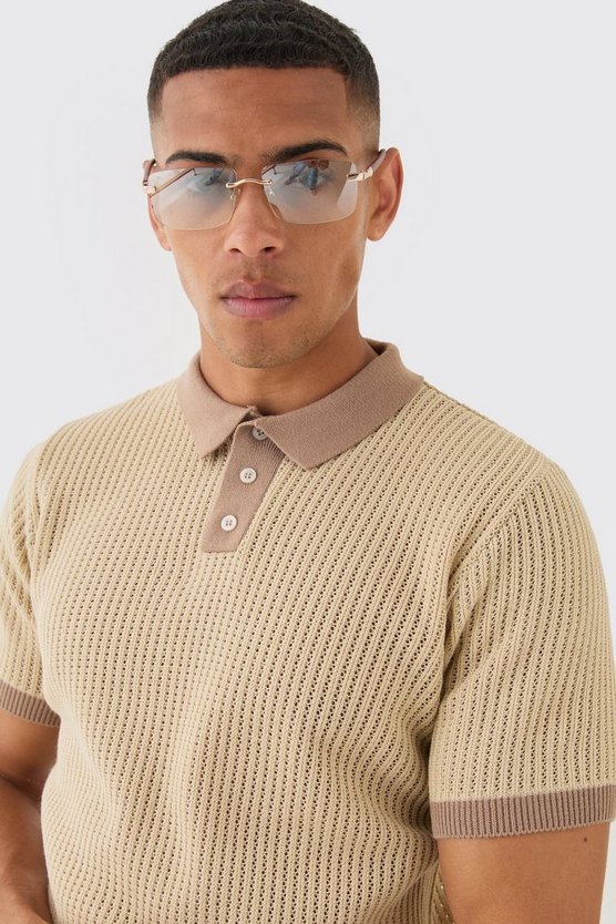 Regular Fit Ribbed Open Stitch Contrast Polo In Taupe