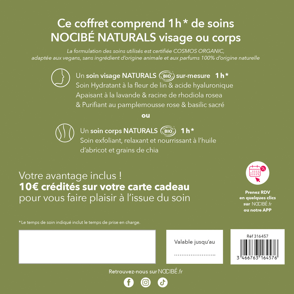 Nocibé Coffret Institut NATURALS Soin visage ou corps Naturals 1h