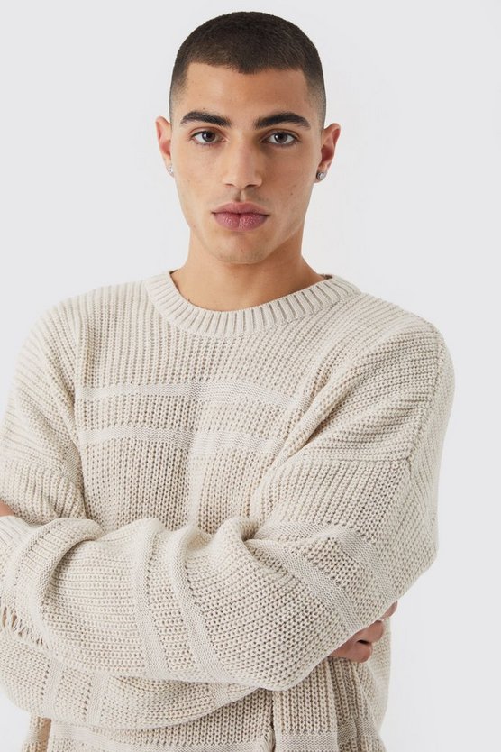 Zweifarbiger zerrissener Oversize Strickpullover