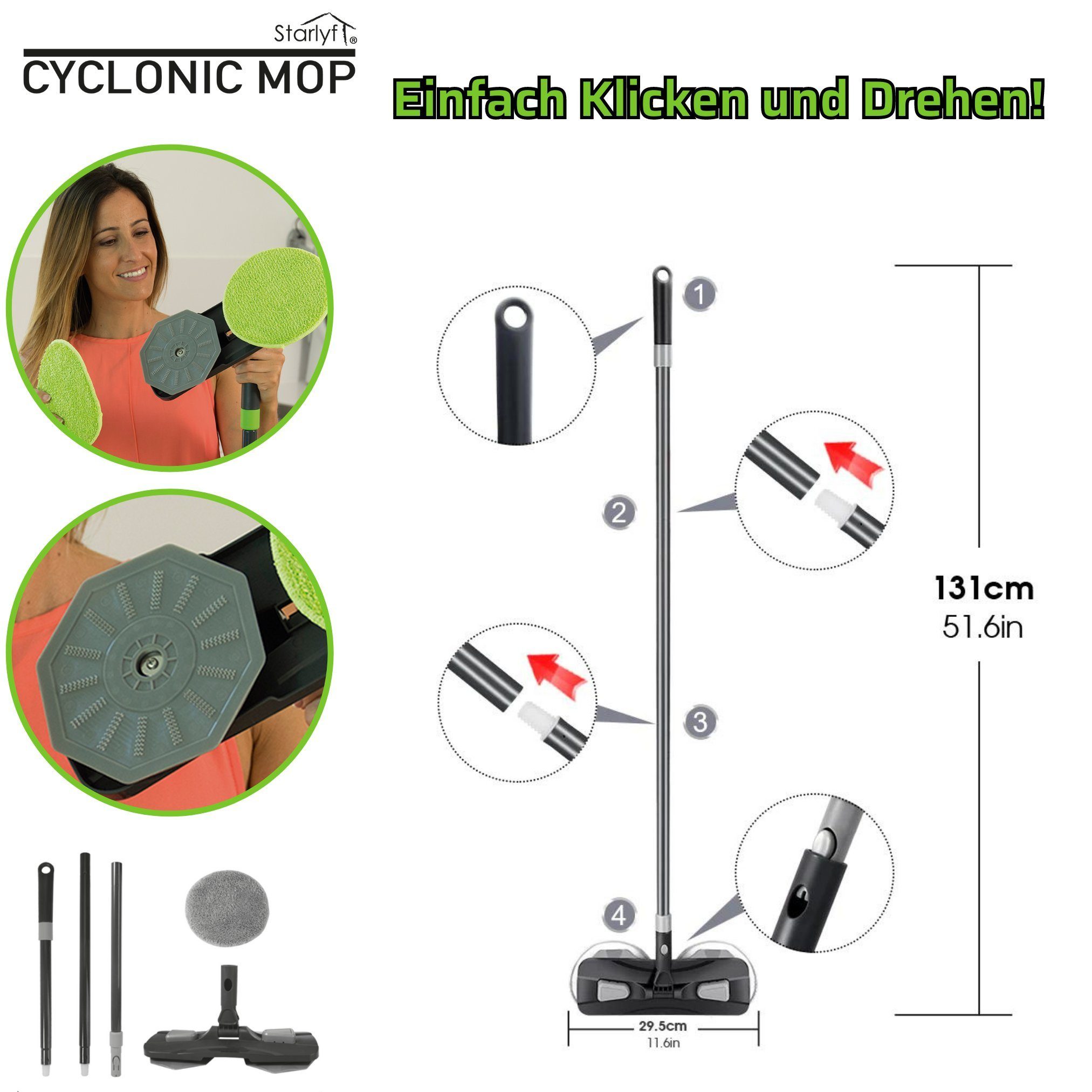 Starlyf Wischmopp Cyclonic Mop, beutellos, kabelloser, rotierender Bodenwischer ohne Akku, für Hartböden