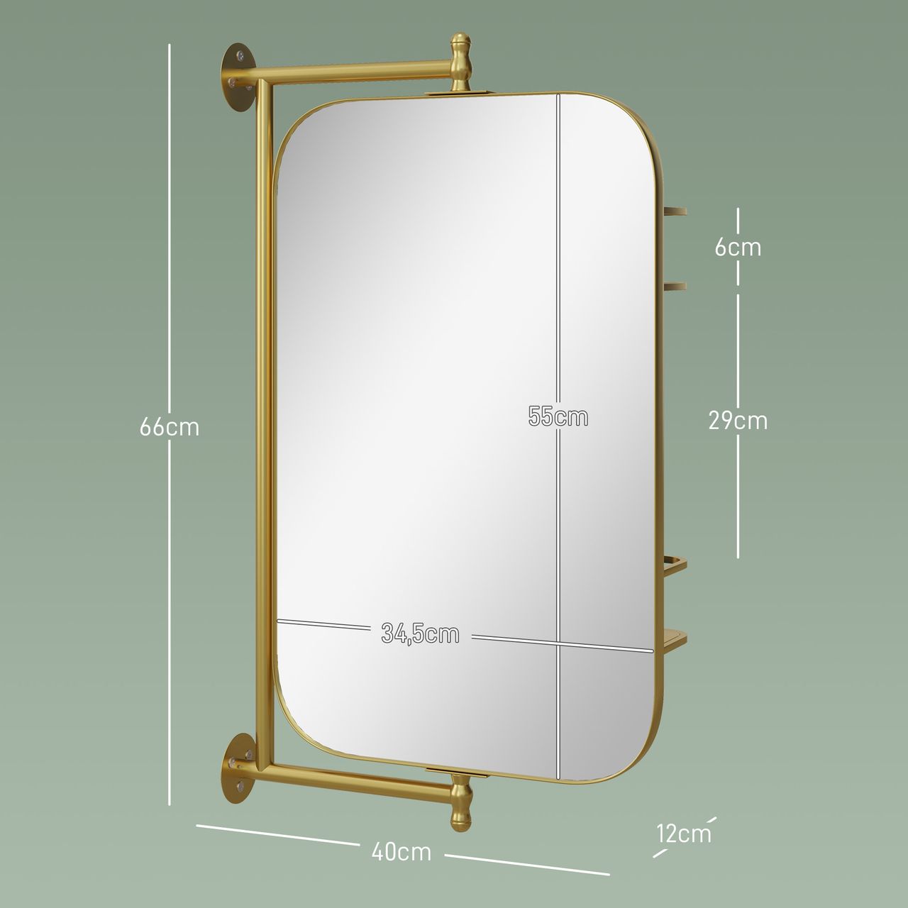 HOMCOM Badezimmerspiegel, 40 x 66 cm schwenkbar Wandspiegel, Metallrahmen, Gold