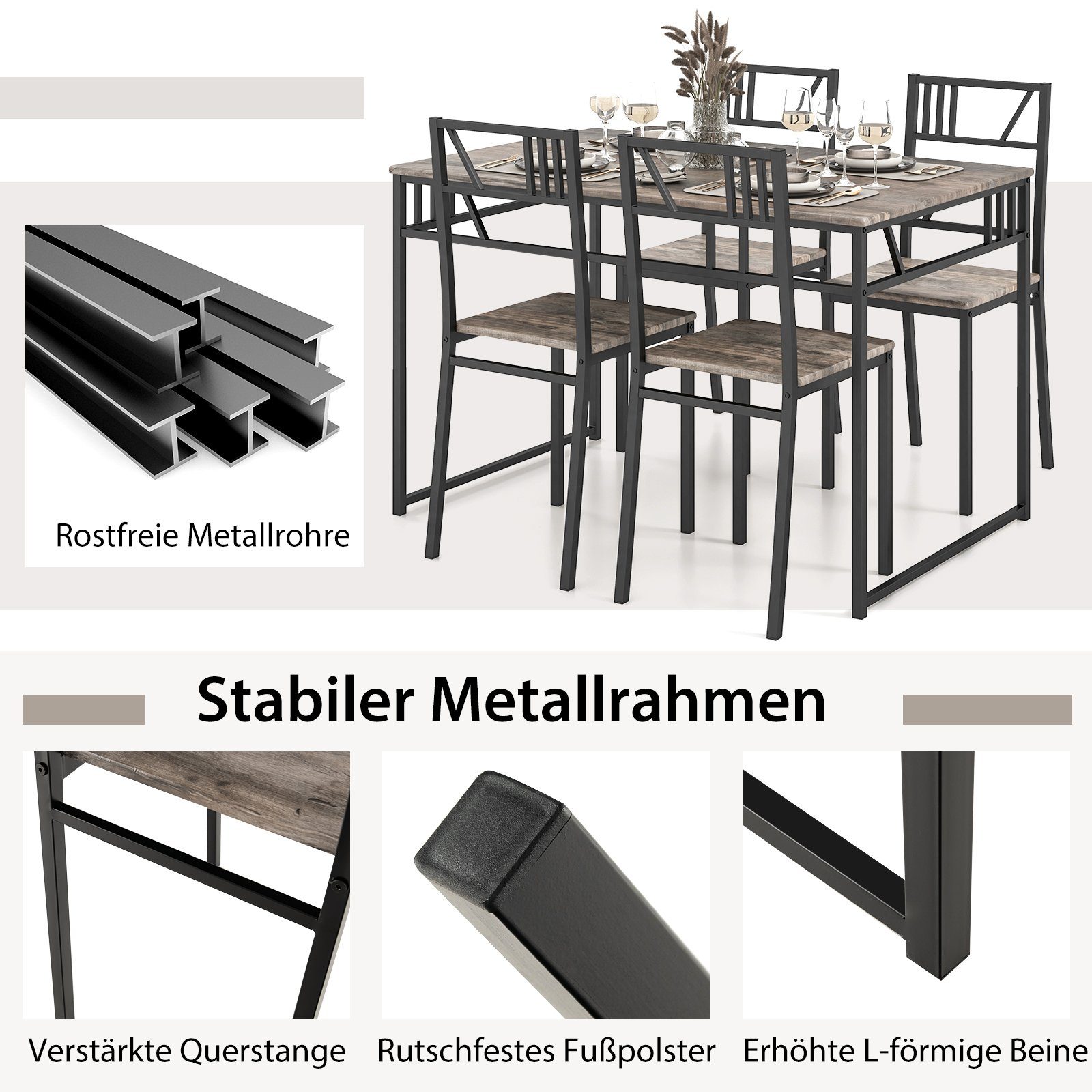 COSTWAY Essgruppe, 5 tlg.Esstisch mit 4 Stühlen, für 4 Personen, platzsparend