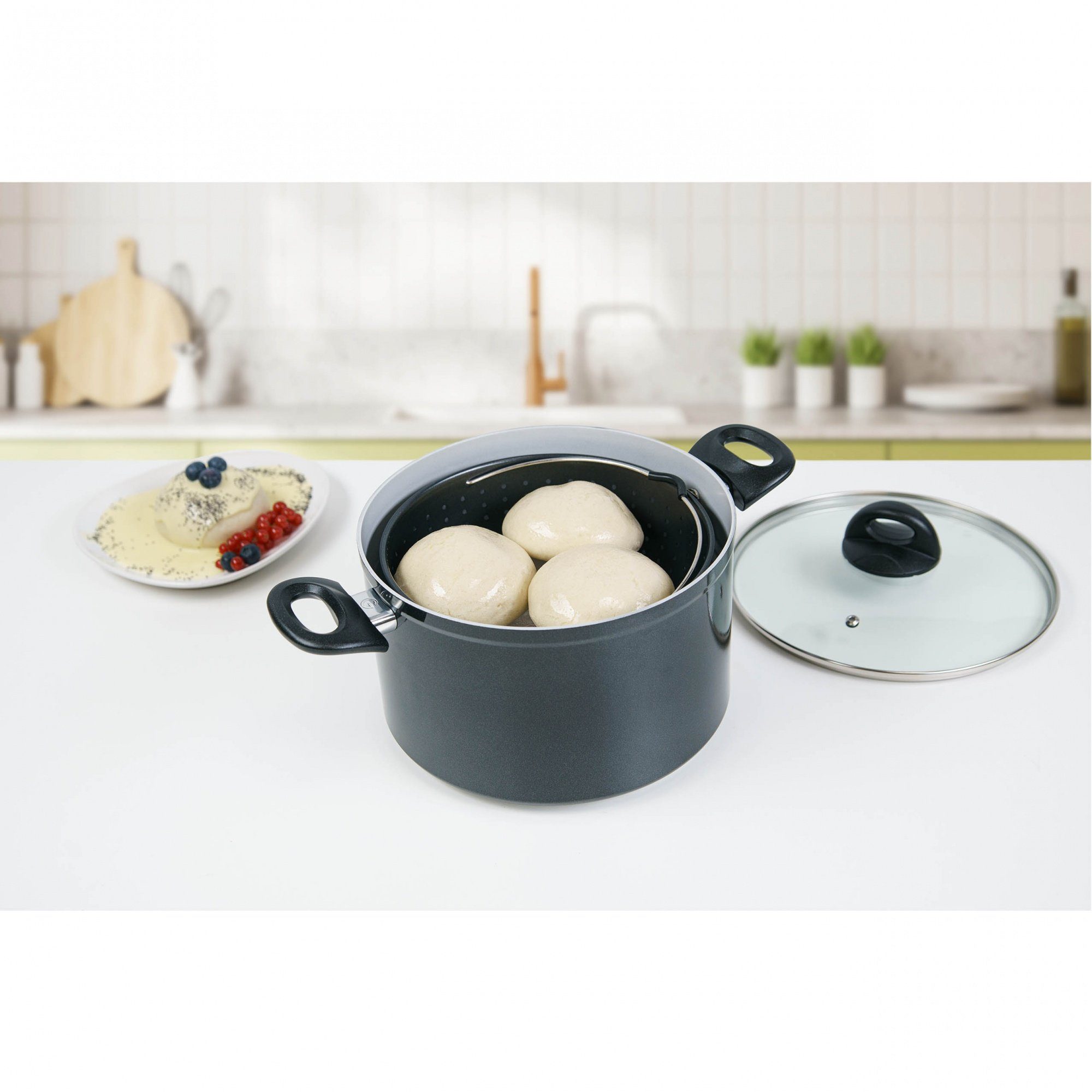 Genius Kochtopf Cerafit Magic Pot, Aluminium, Keramik, Edelstahl 18/10 (Set, 1 Kochtopf 1 Deckel 1 Siebeinsatz), Antihaft-Beschichtung, für alle Herdarten, induktionsgeeignet, spülmaschinengeeignet, Siebeinsatz