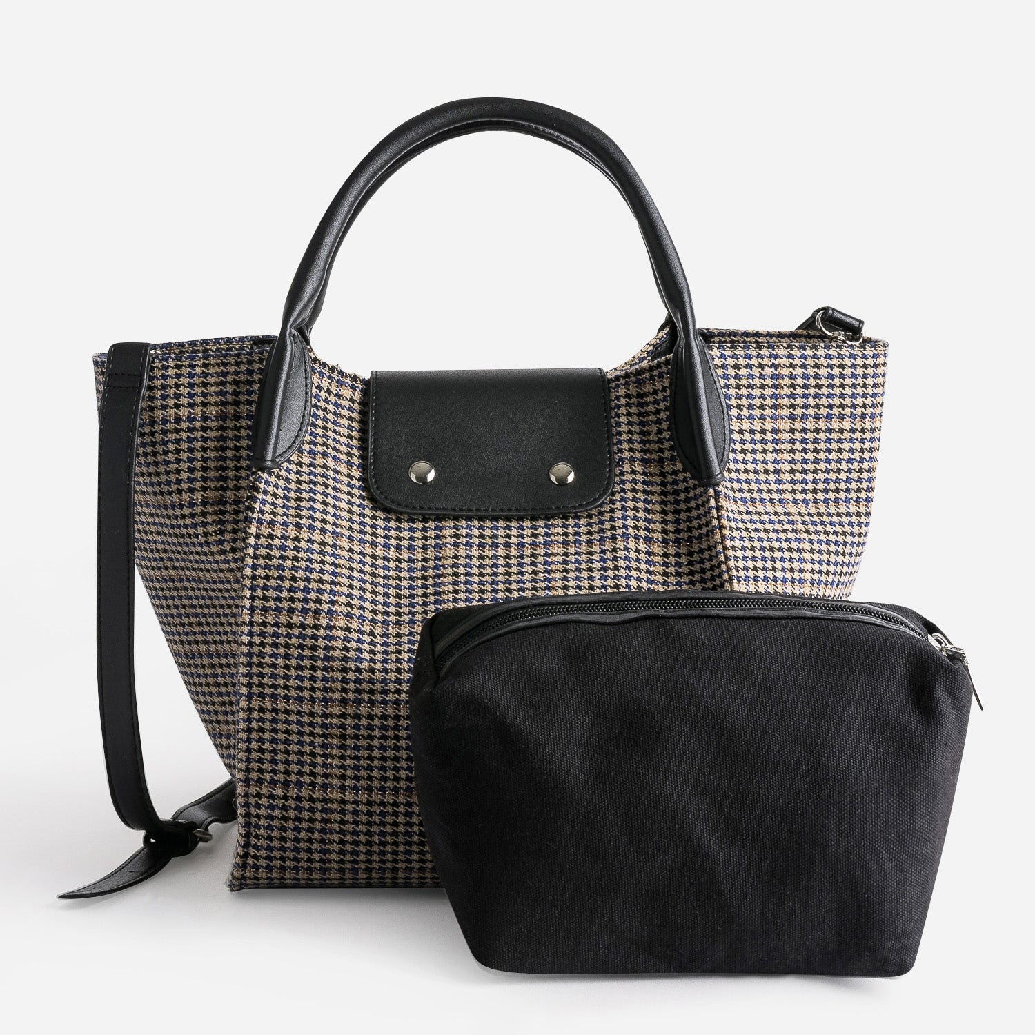 Sac à main noir à motifs pied-de-poule